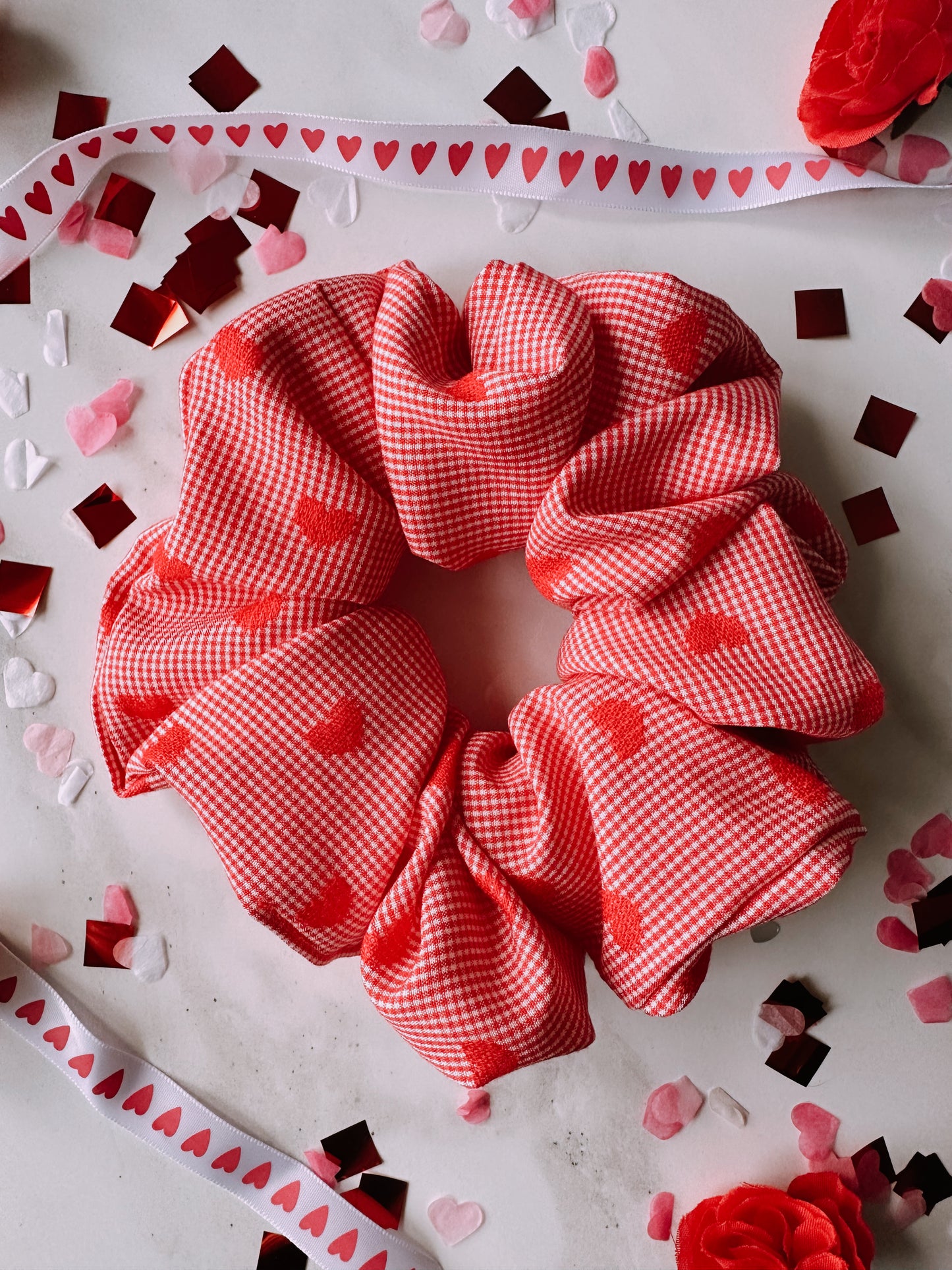 Valentines Gingham and Heart Print Scrunchie