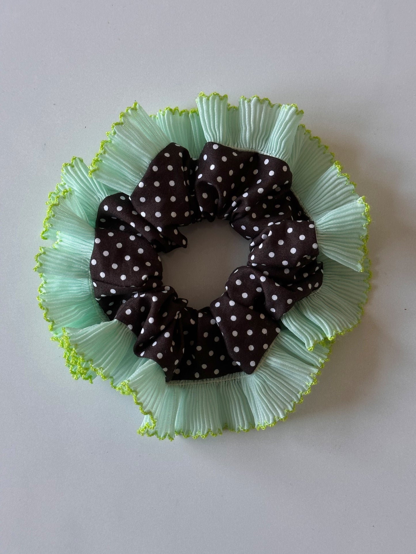 Oversized Dark Brown Polkadot Scrunchie with Green Frill Trim