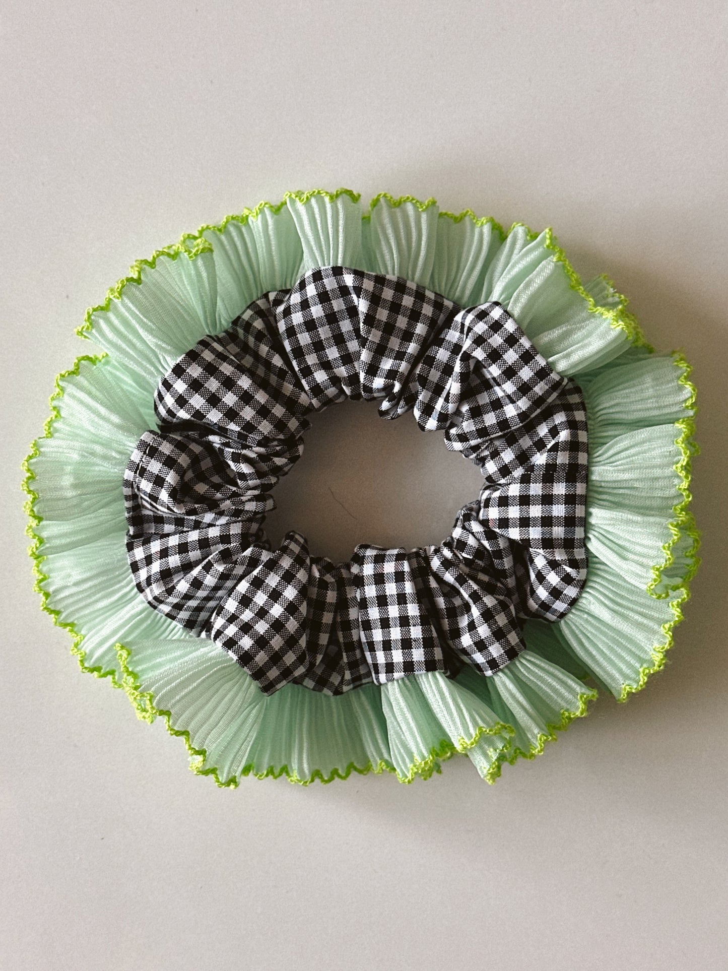 Black Gingham Scrunchie with Mint Green Frill Trim
