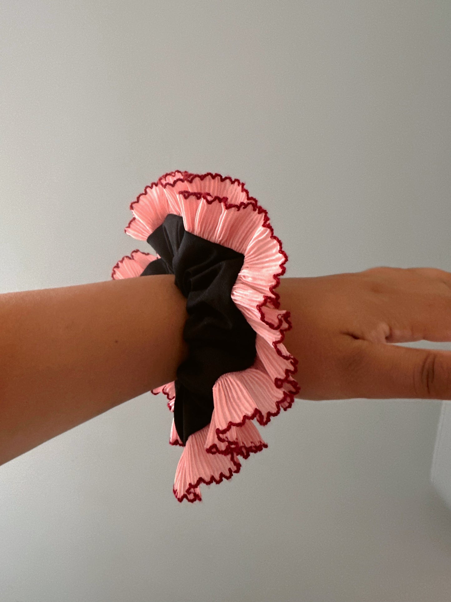 Handmade XL Black Cotton Scrunchie with Pink Frill Trim