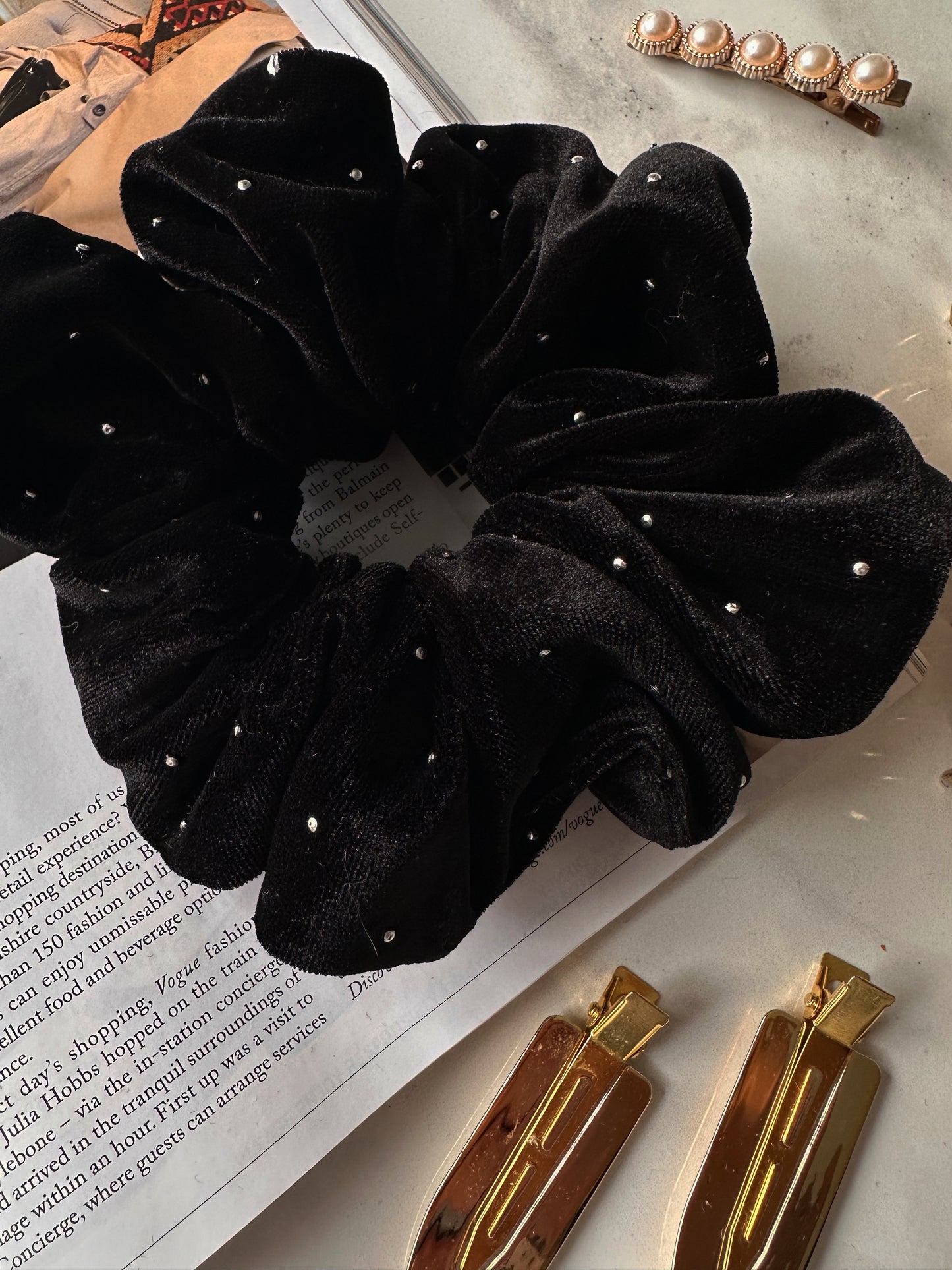 Oversized Black Velvet Scrunchie with Silver Detail