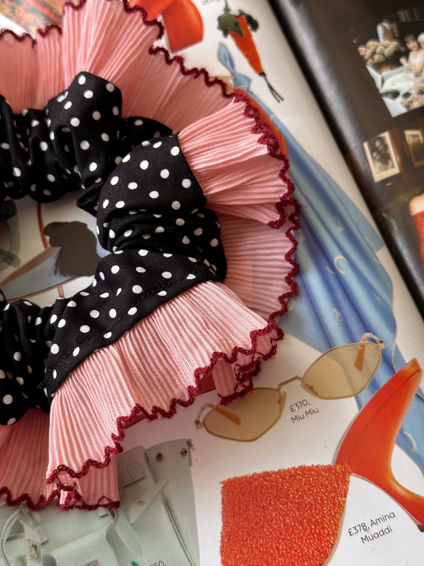 Oversized Black Polkadot Scrunchie with Pink Frill Trim