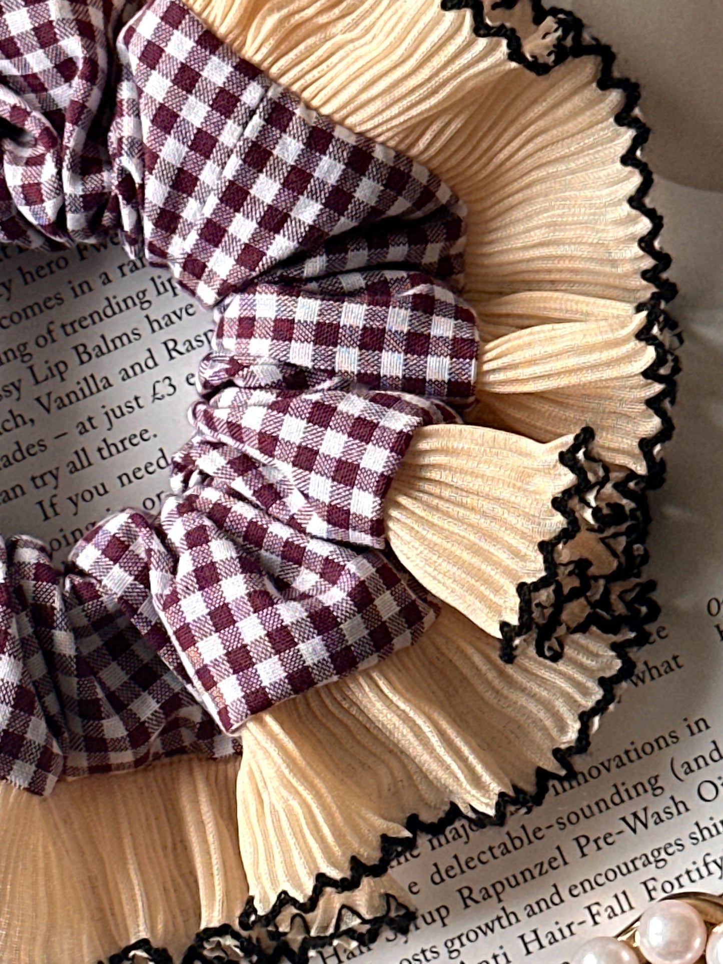 Mini Mulberry Gingham Scrunchie with Cream Frill Trim