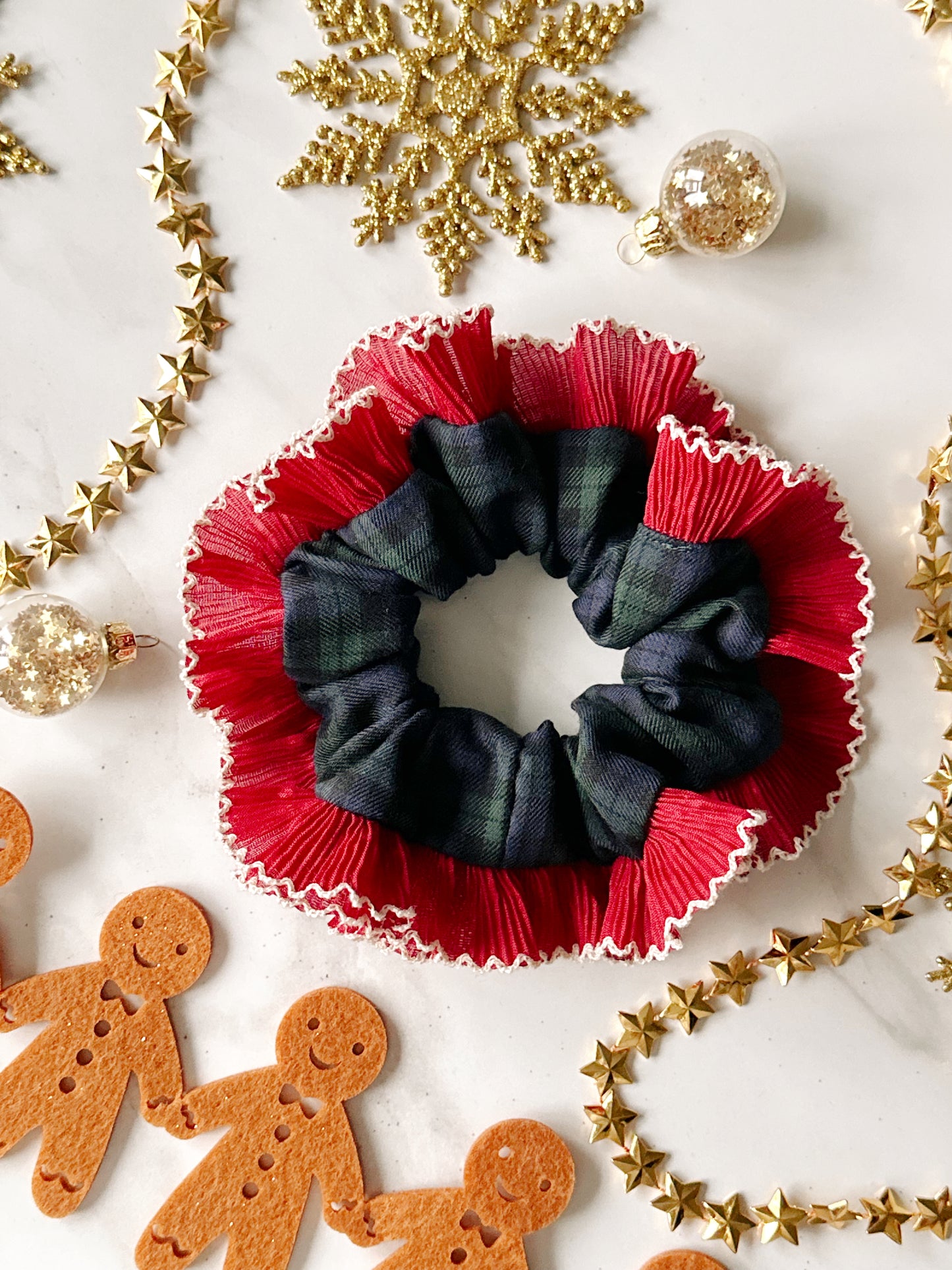 Blue and Green Tartan Scrunchie with Red and White Frill Trim