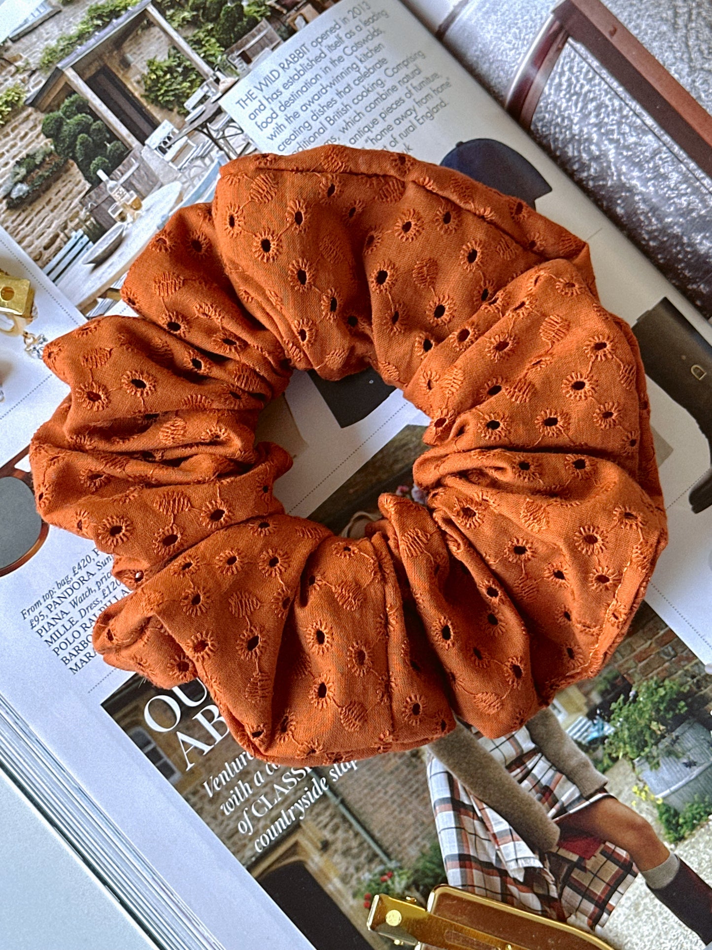 Handmade Rust Brown Embroidered Scrunchie