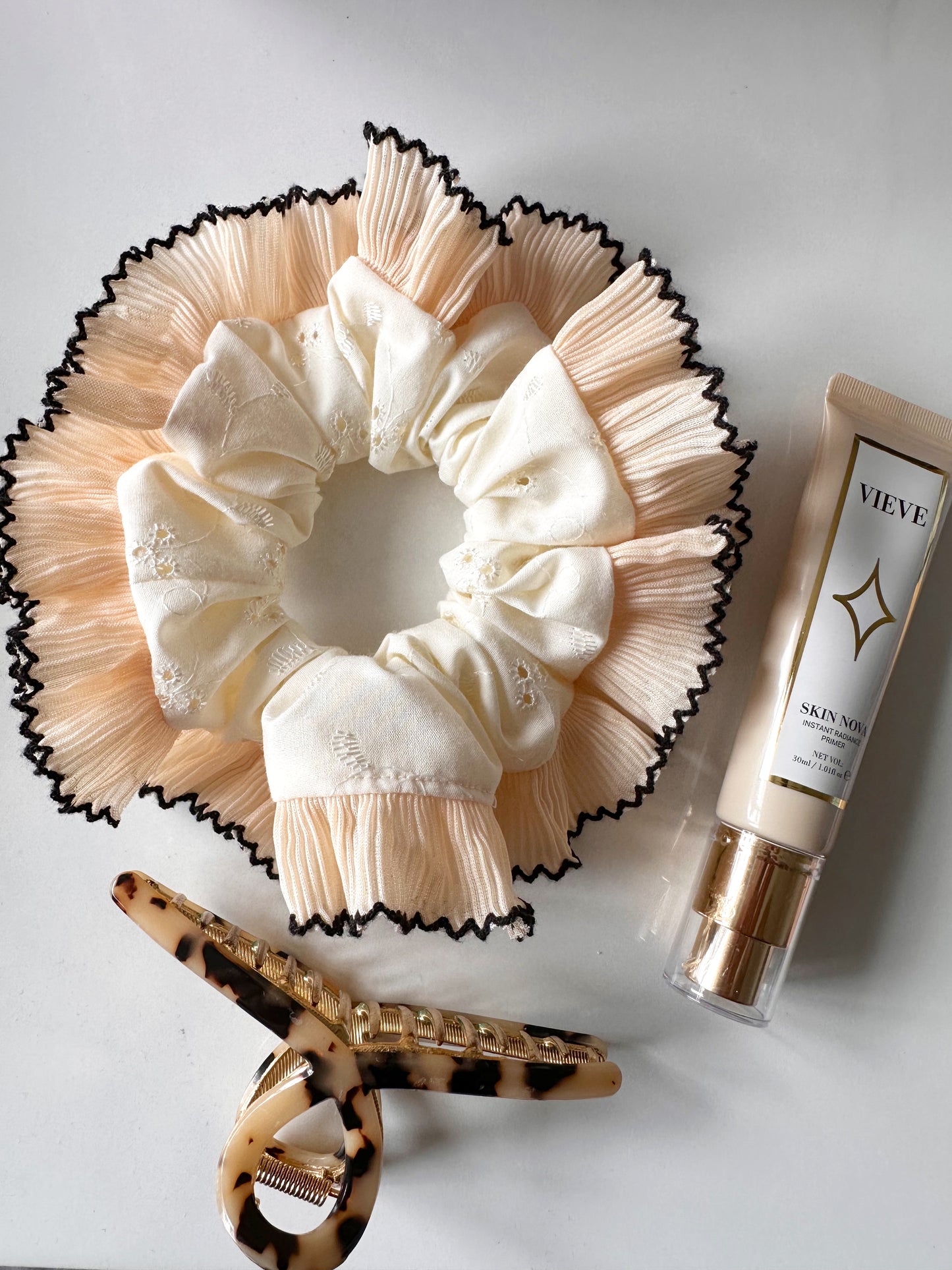 Cream Broderie Anglaise Scrunchie with Cream and Black Frill Trim