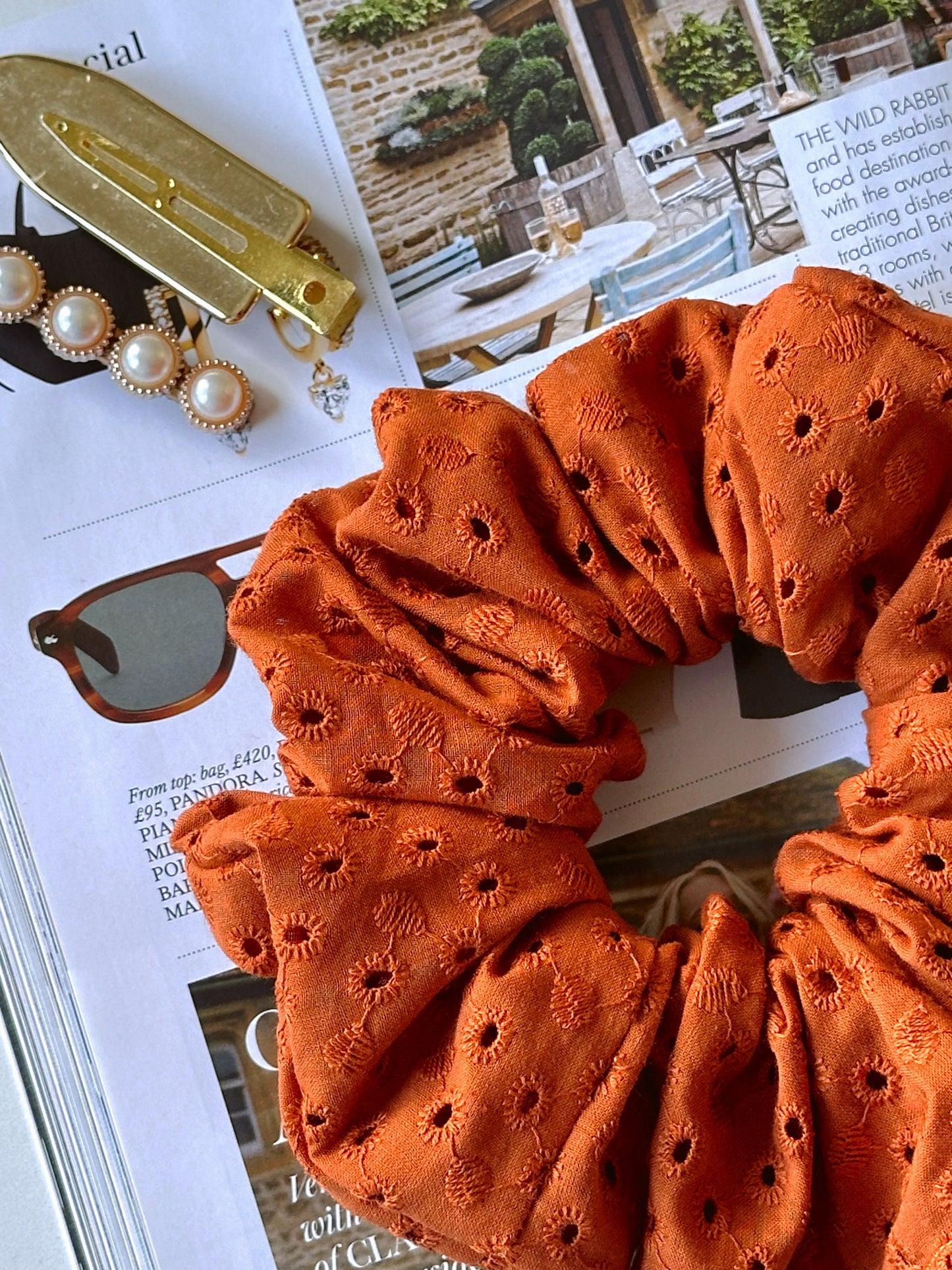 Handmade Rust Brown Embroidered Scrunchie