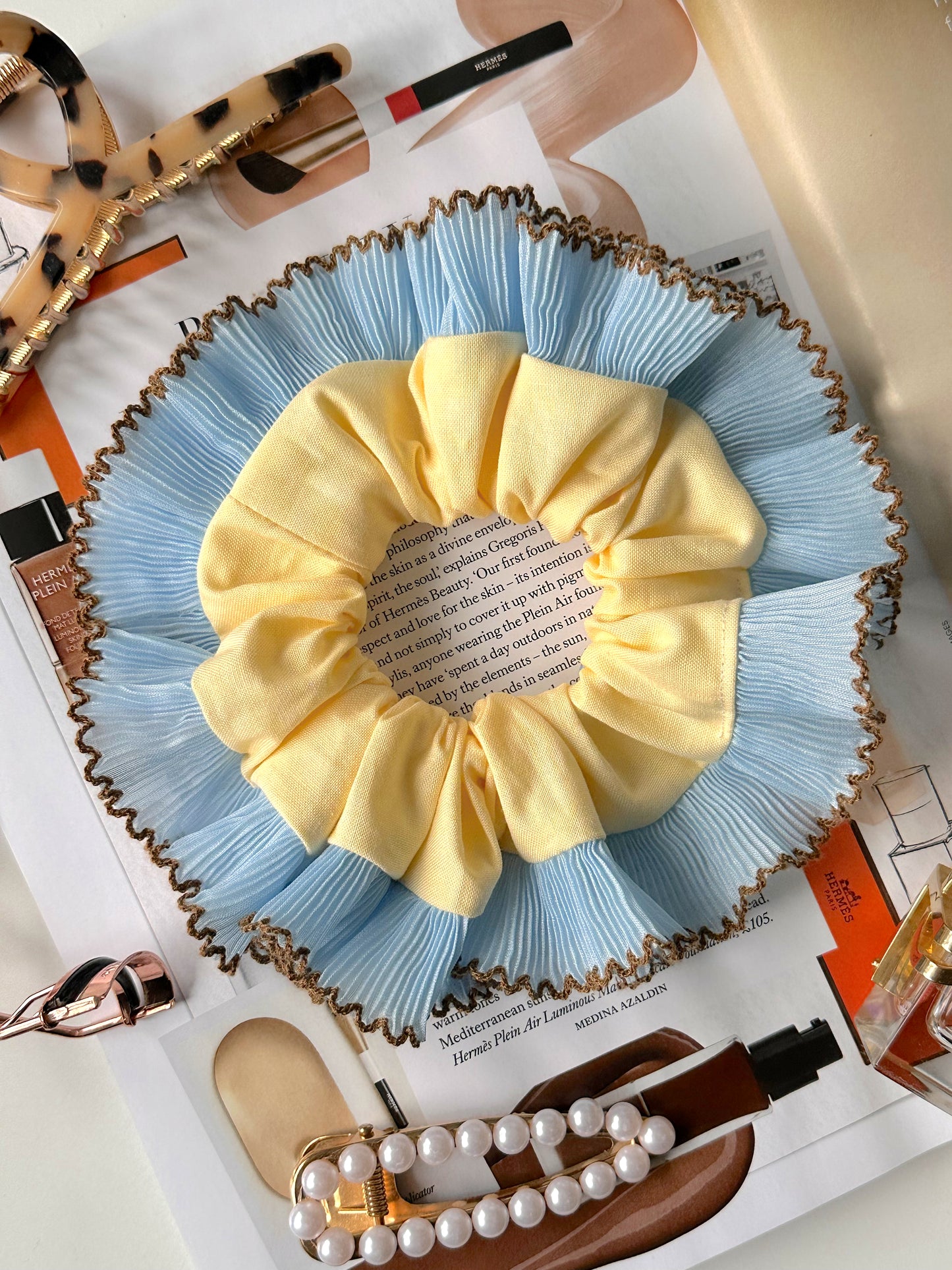 Handmade XL Butter Yellow Scrunchie with Blue and Brown Frill Trim