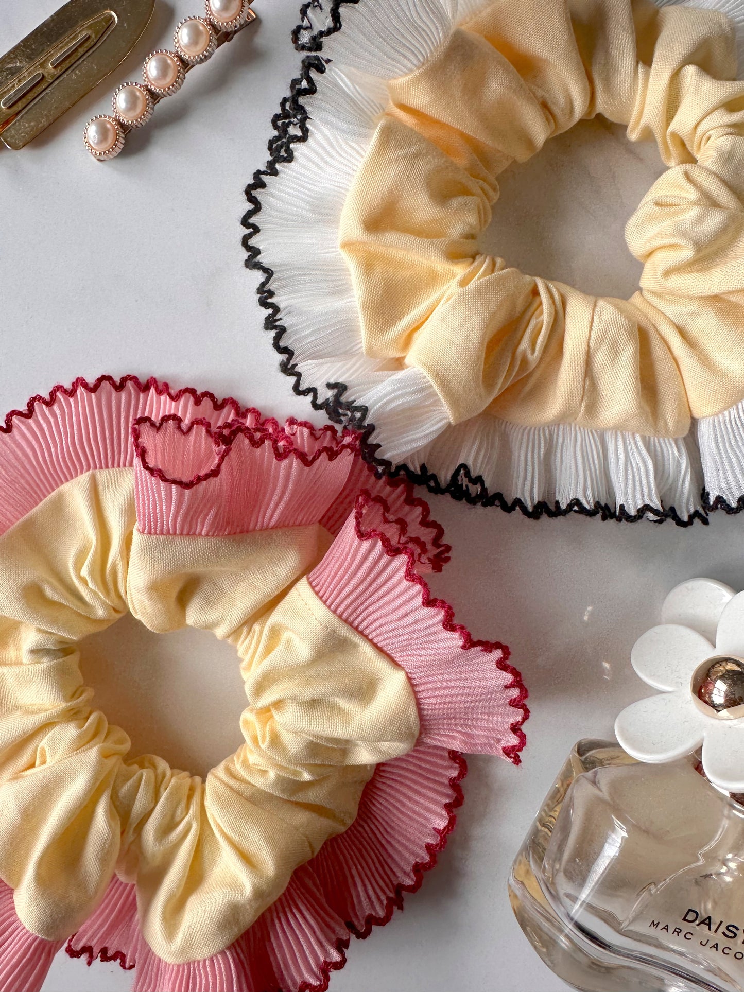 Handmade XL Butter Yellow and Pink Cotton Ruffle Scrunchie