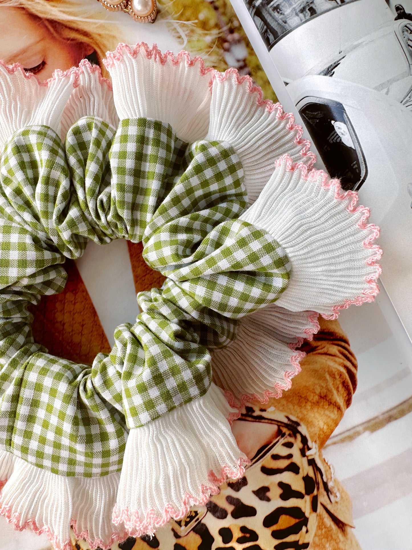 Handmade XL Olive Green Gingham Scrunchie with White and Pink Frill Trim