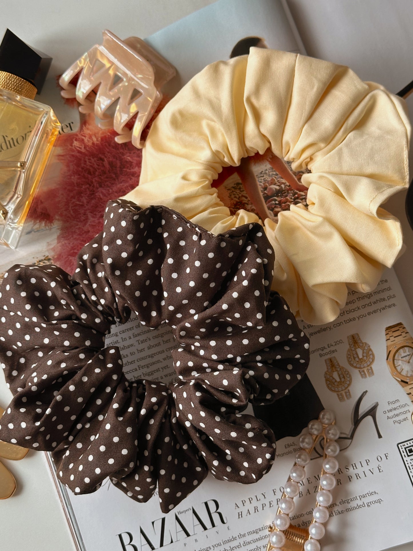 Brown Polkadot & Butter Yellow Scrunchie Duo
