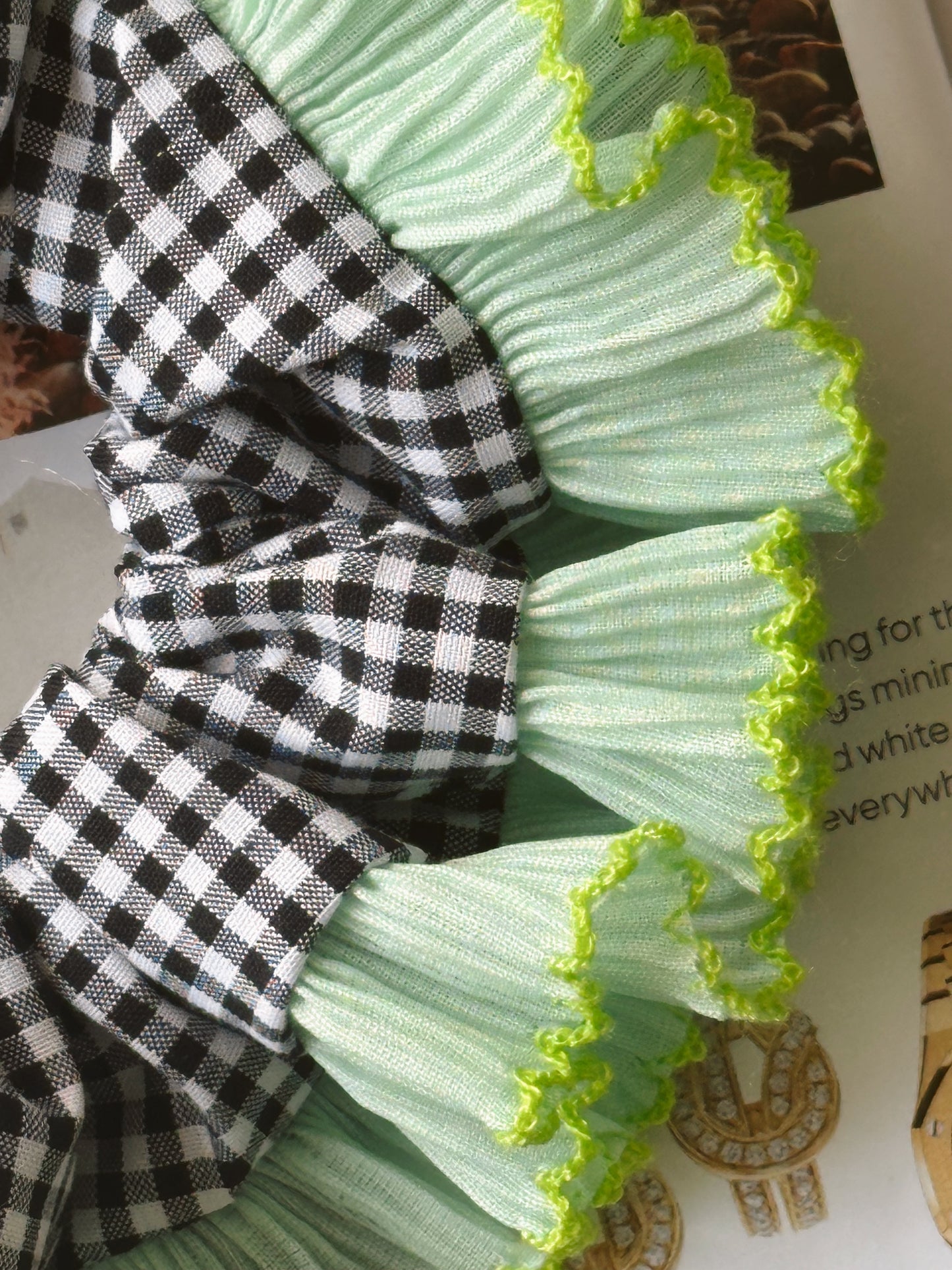 Black Gingham Scrunchie with Mint Green Frill Trim
