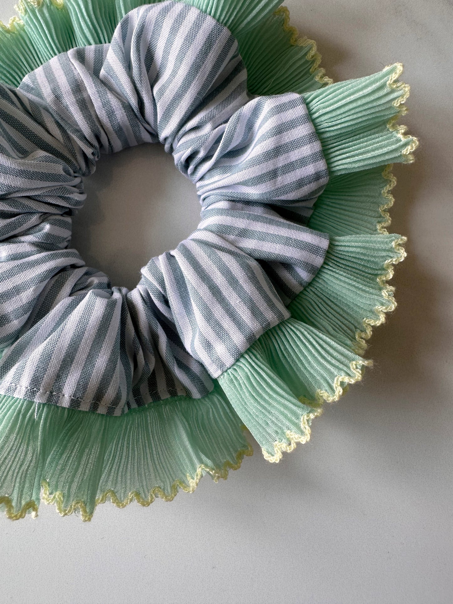 Blue Striped Scrunchie with Green and White Frill Trim