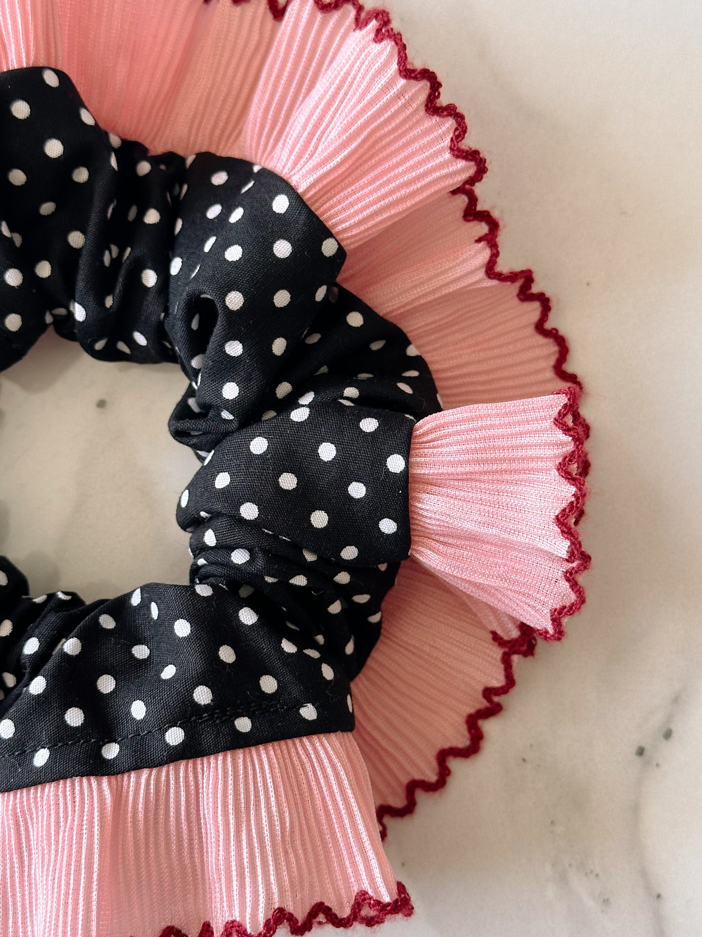 Oversized Black Polkadot Scrunchie with Pink Frill Trim