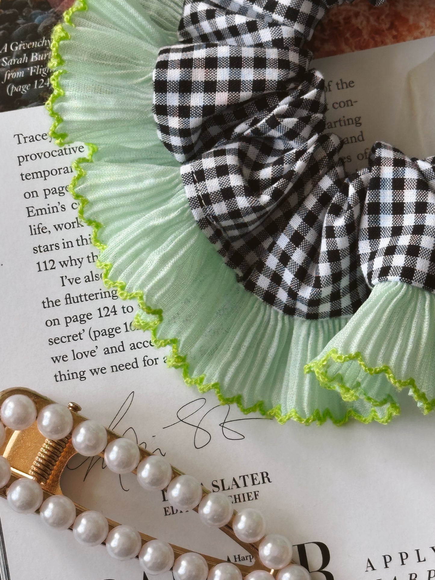 Black Gingham Scrunchie with Mint Green Frill Trim
