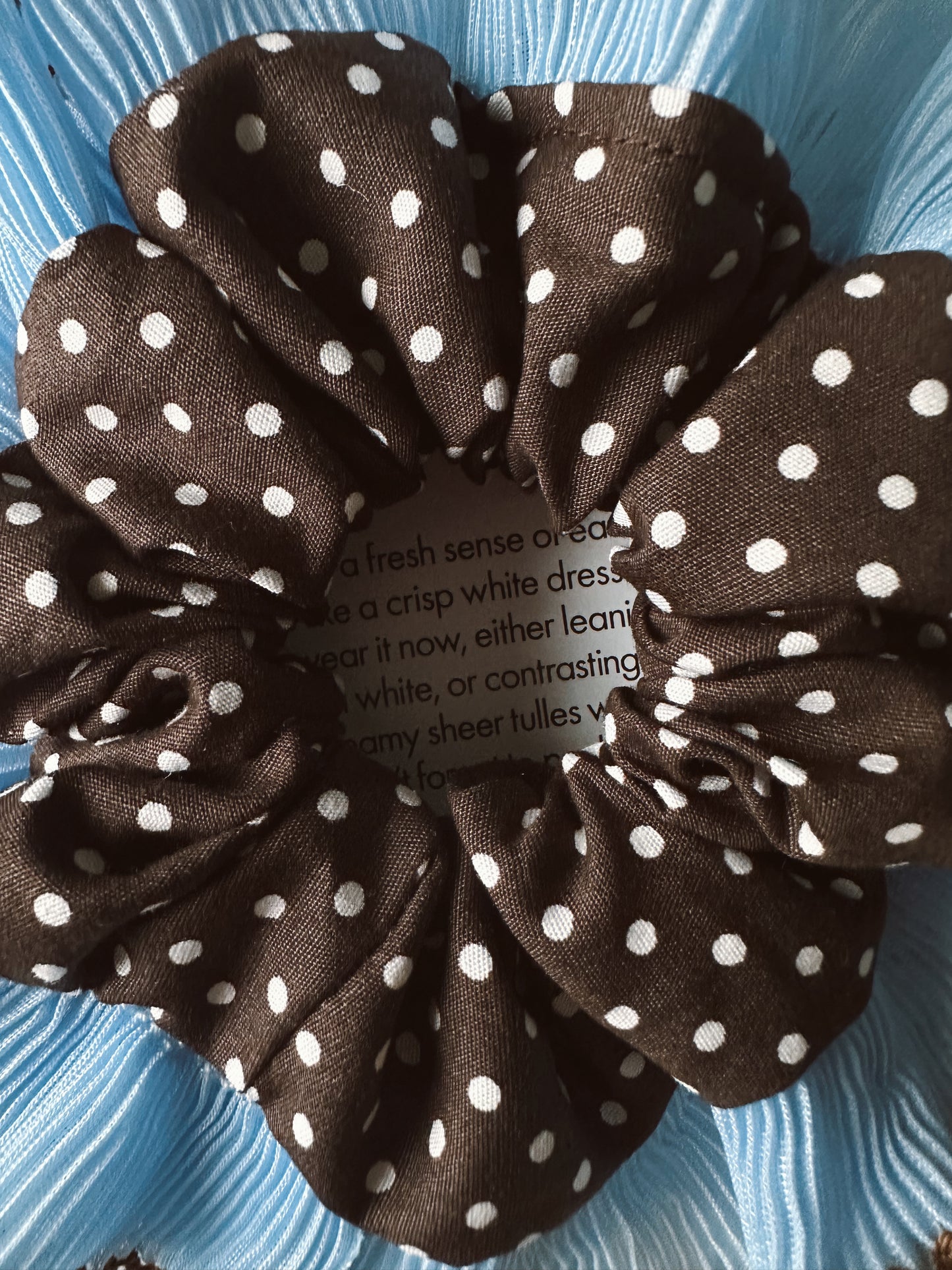 Oversized Dark Brown Polkadot Scrunchie with Baby Blue Frill Trim