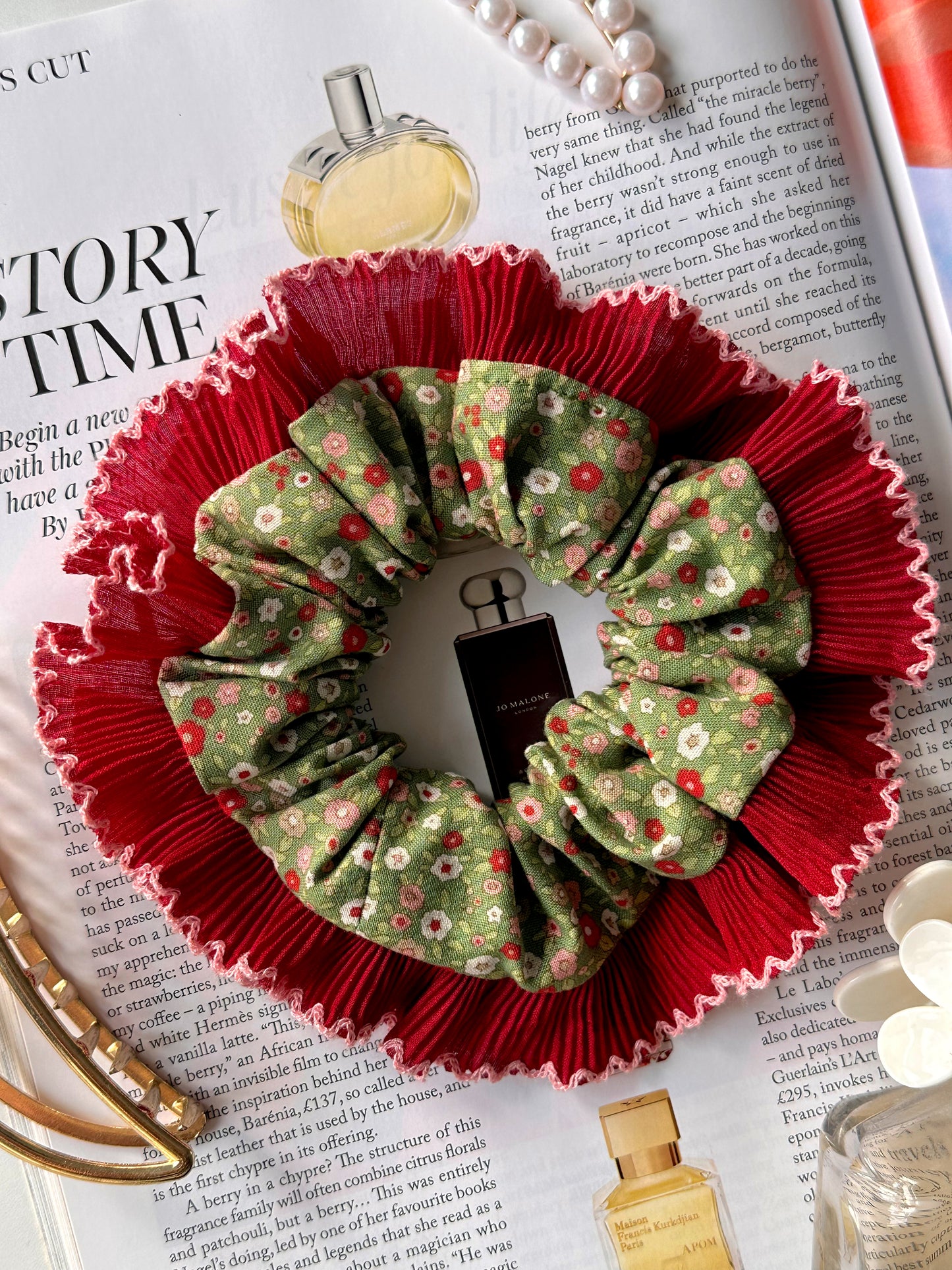 Handmade XL Dark Green Ditsy Floral Scrunchie with Red Frill Trim