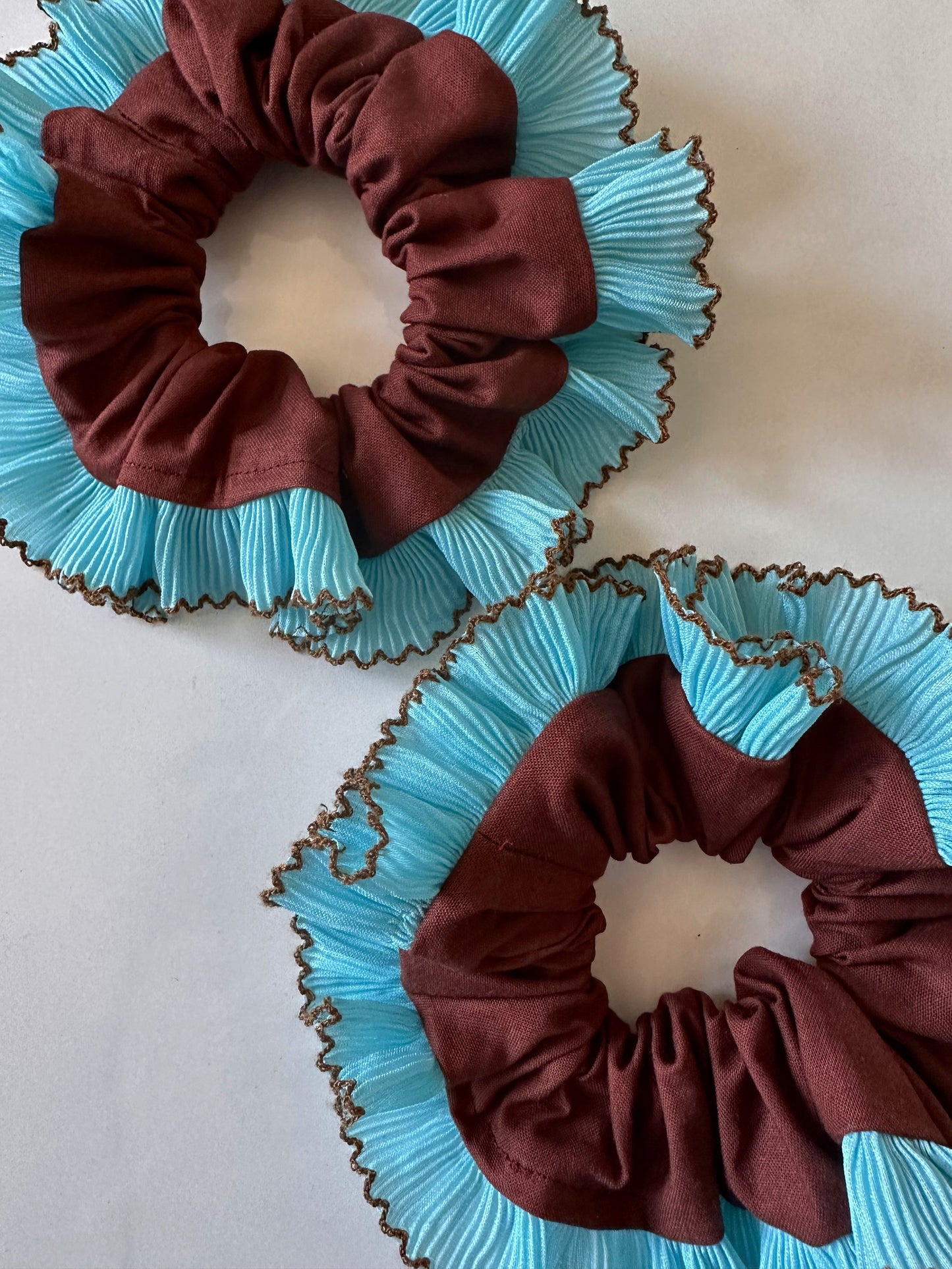 Handmade XL Chocolate Brown Scrunchie with Blue and Brown Frill Trim