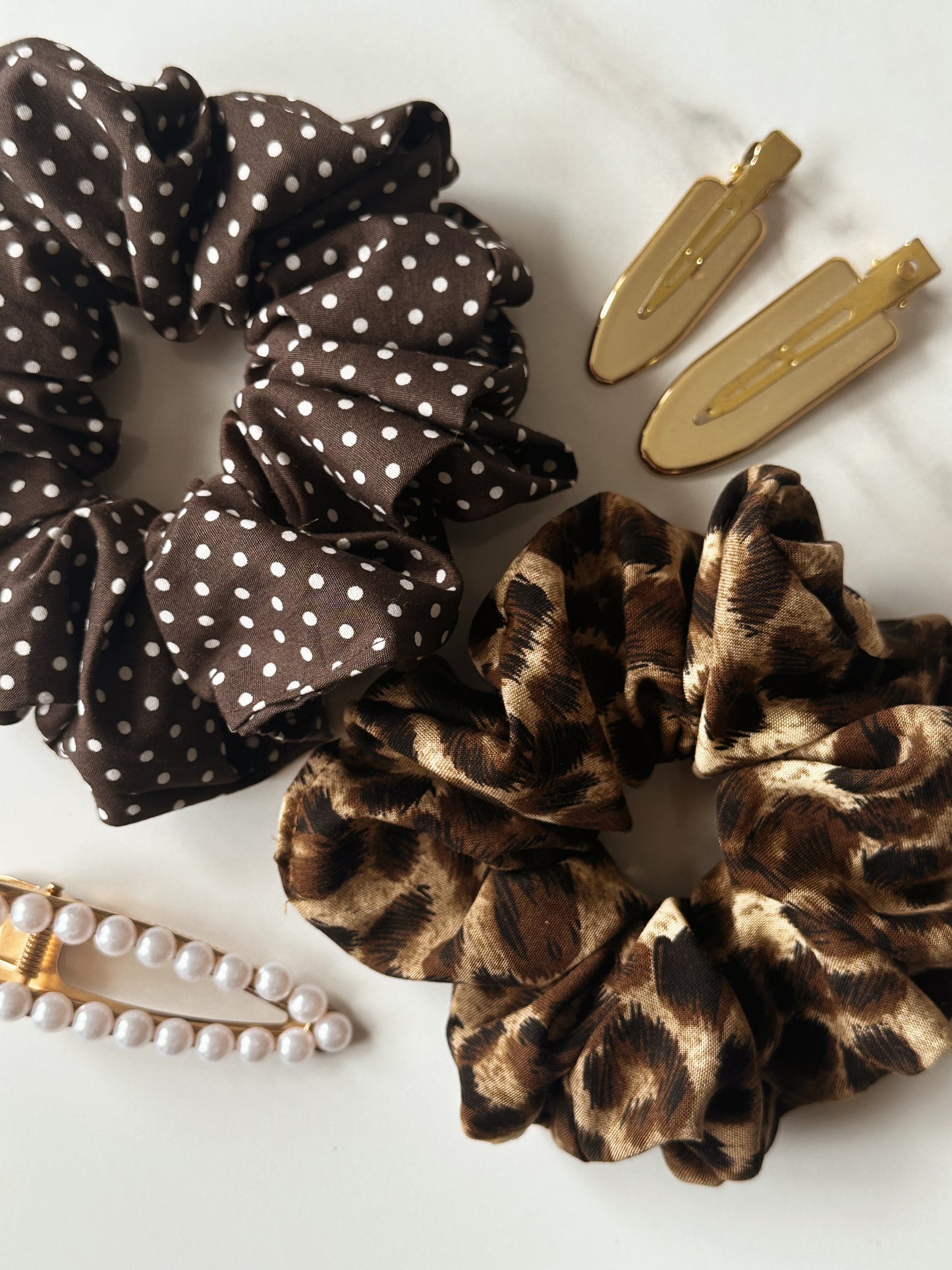 Brown Polkadot & Leopard Print Scrunchie Duo
