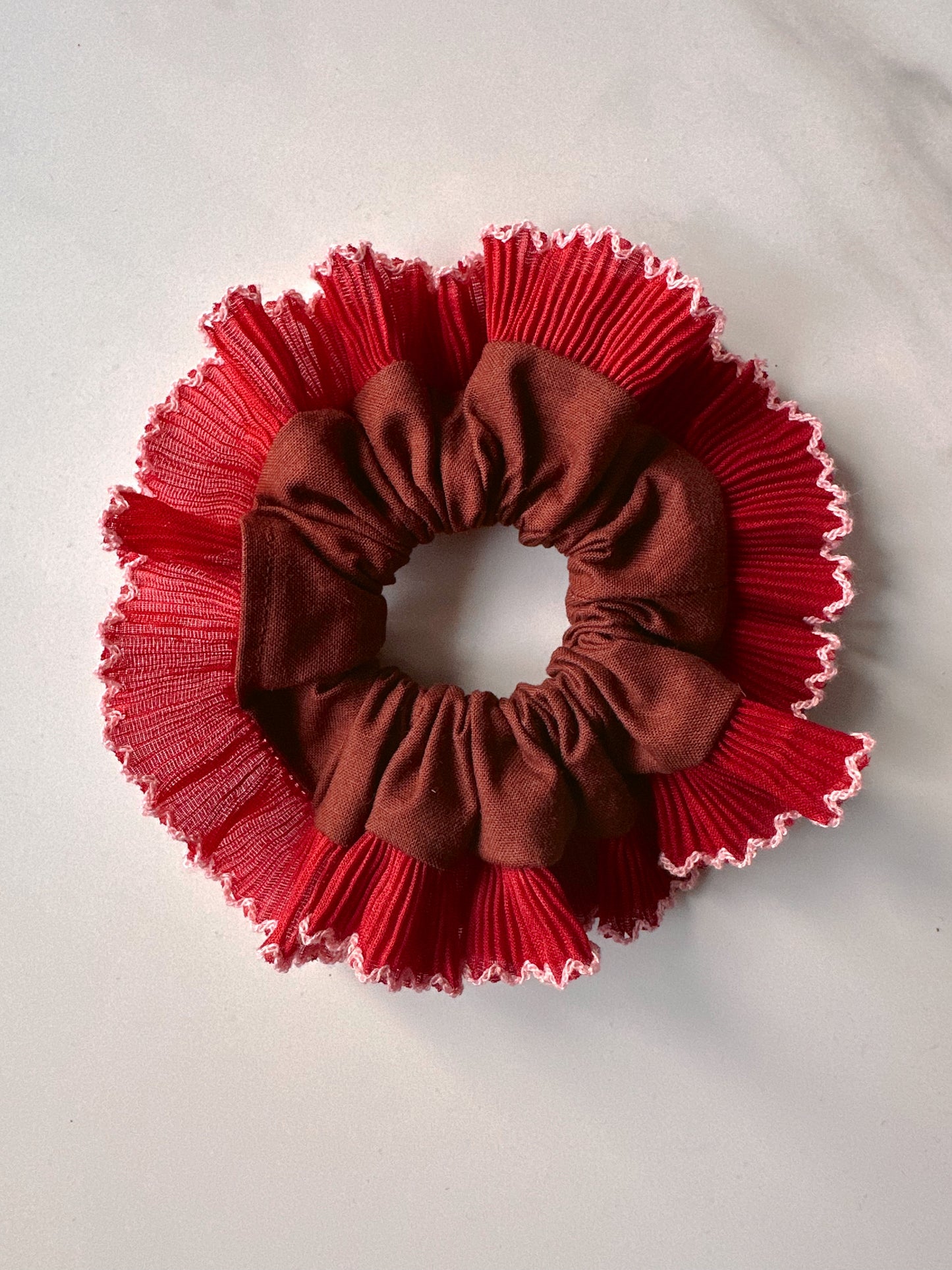 Smaller Oversized Brown Scrunchie with Red Frill Trim