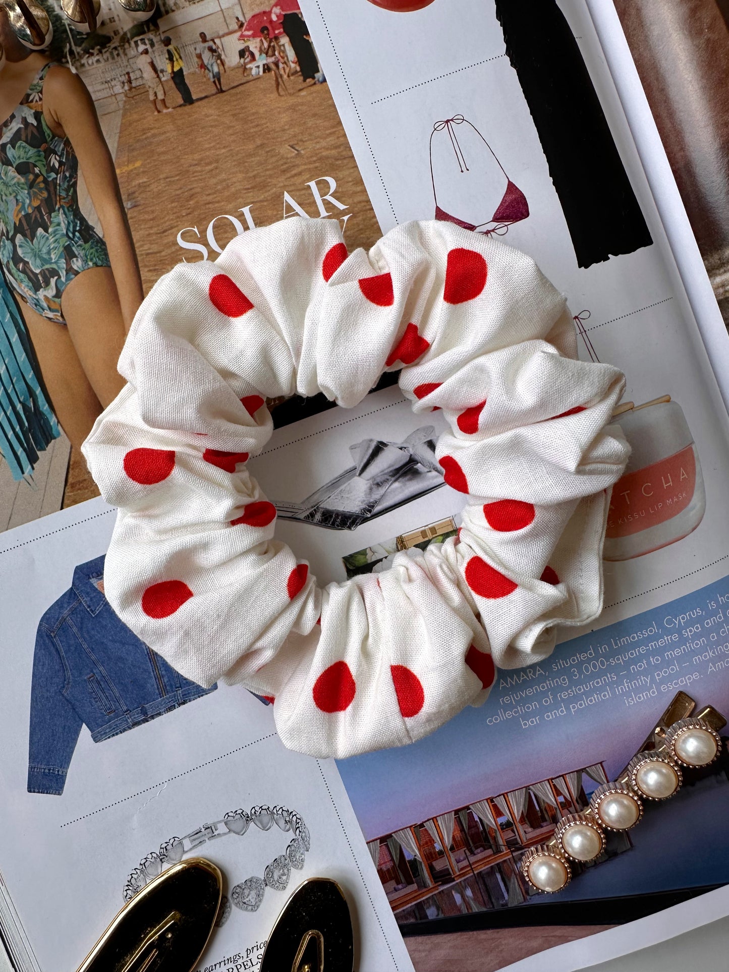 White and Red Polkadot Scrunchie