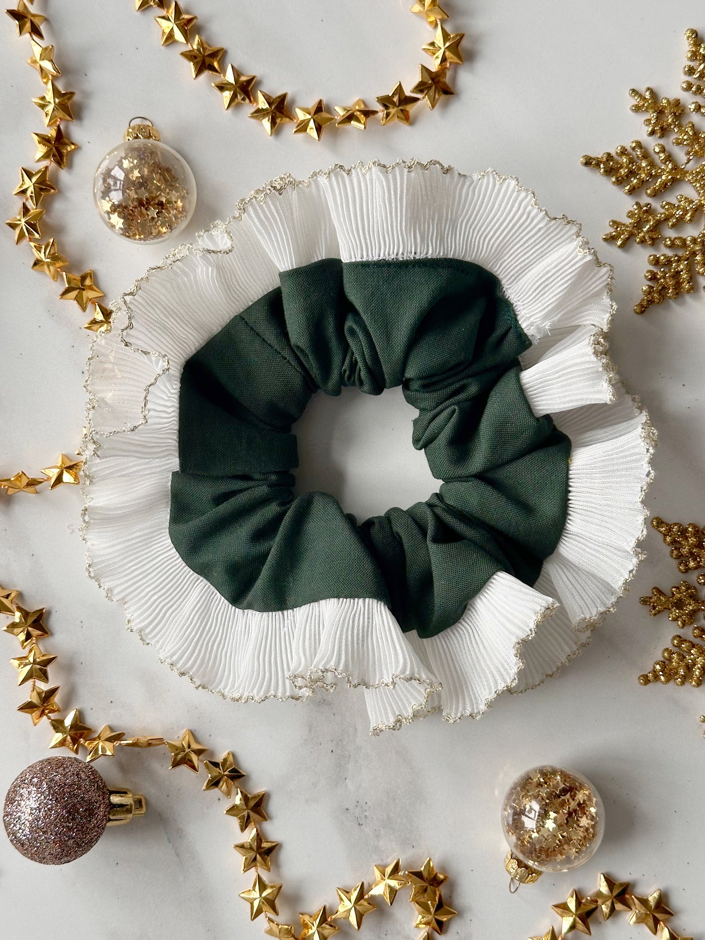 Forest Green Scrunchie with White and Gold Frill Trim