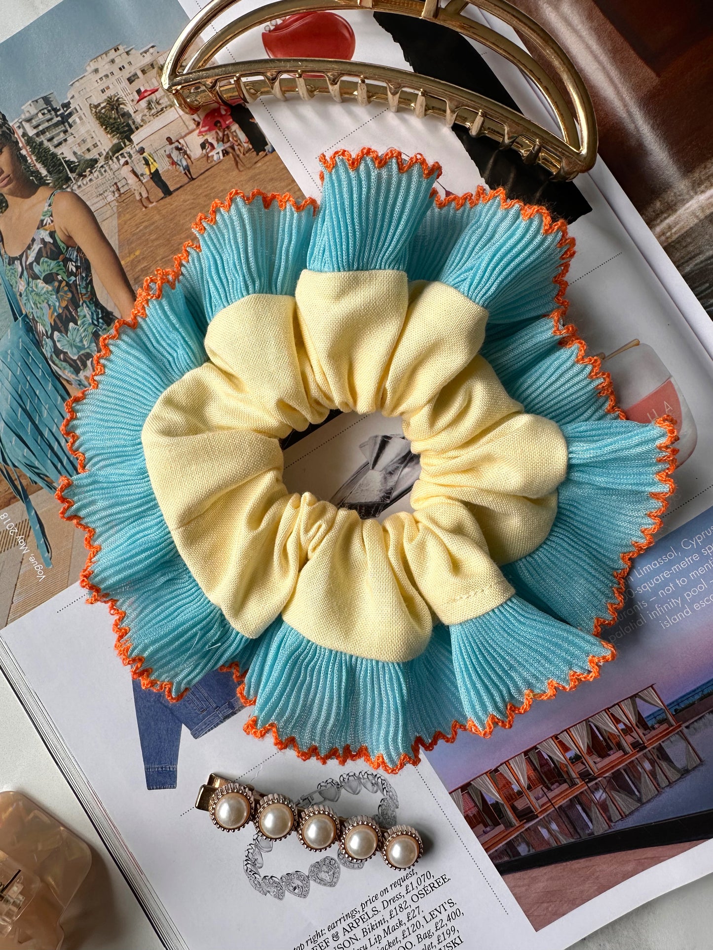 Mini Oversized Butter Yellow Scrunchie with Blue Frill Trim