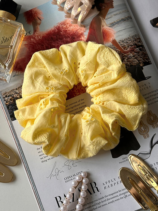 Lemon Broderie Scrunchie – Handmade Embroidered Cotton Hair Tie