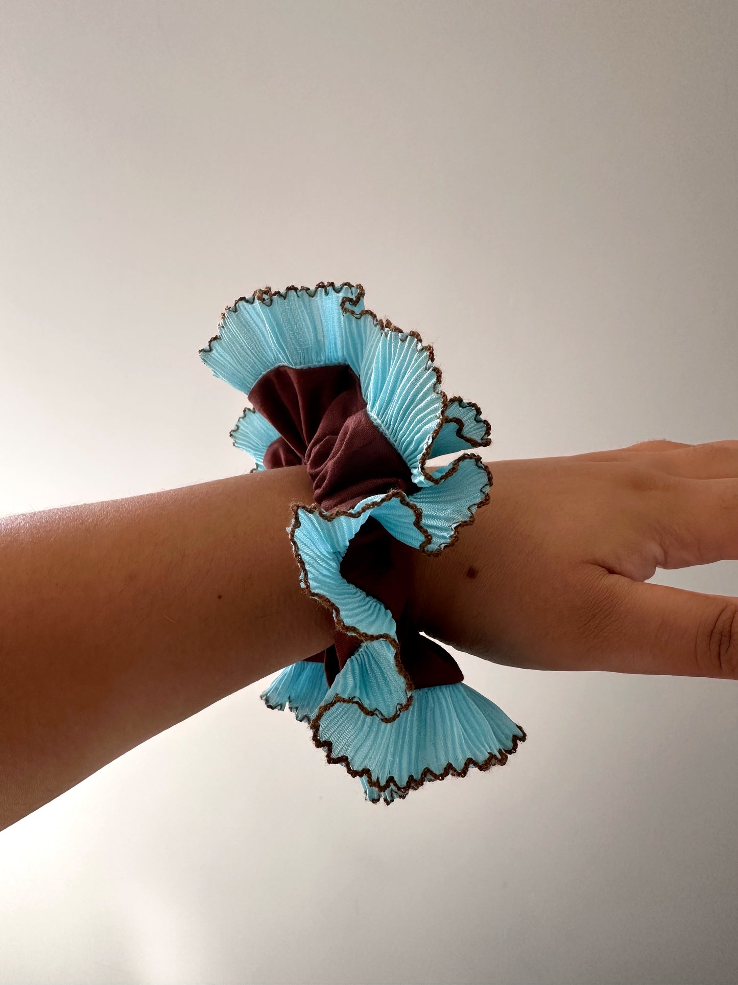 Handmade XL Chocolate Brown Scrunchie with Blue and Brown Frill Trim