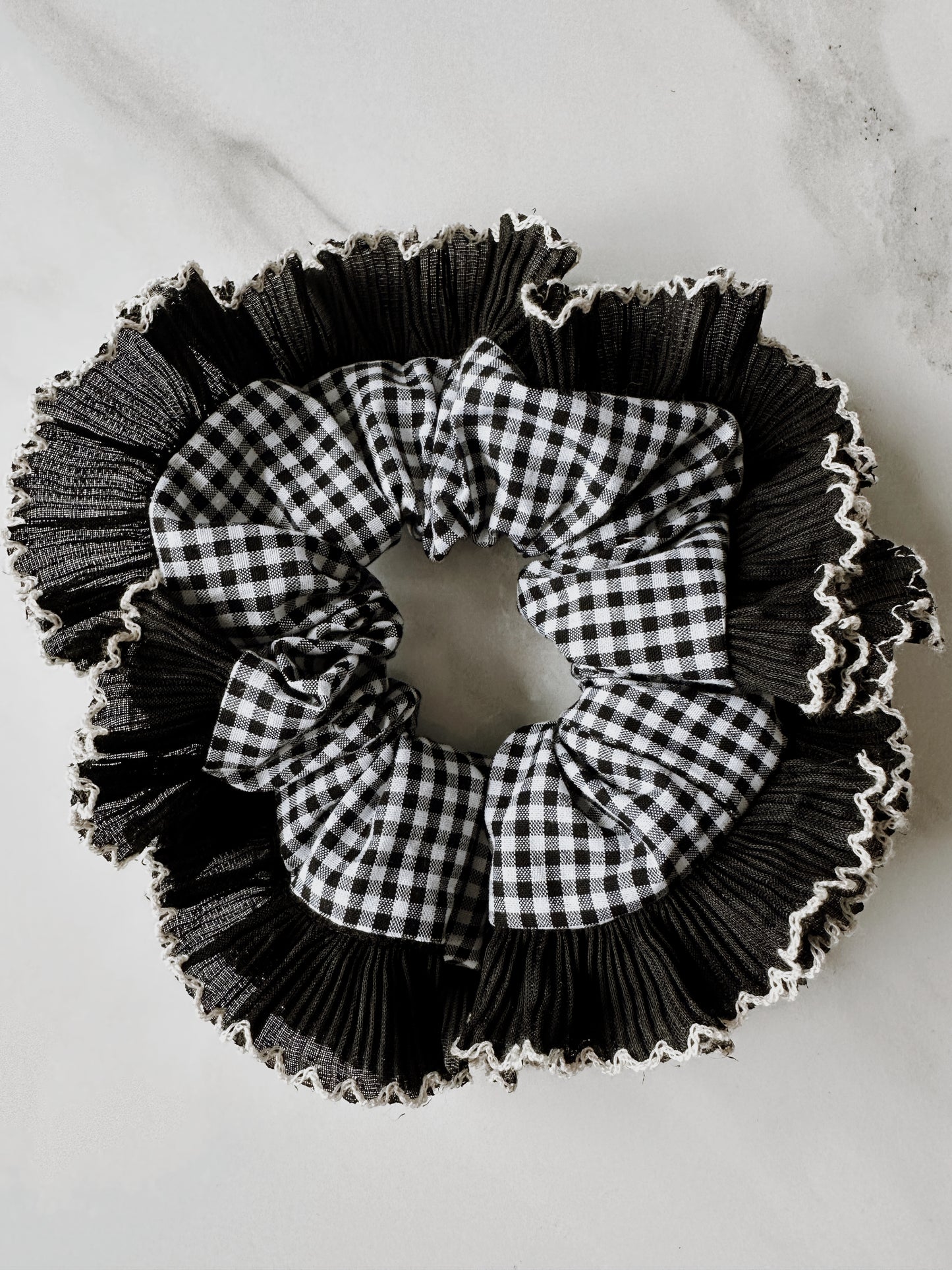 Black Gingham Scrunchie with Black and White Frill Trim