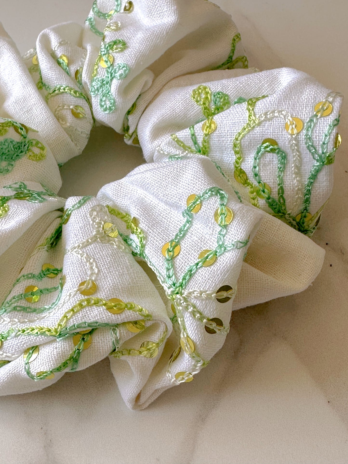 White Linen Scrunchie with Green Sequinned Embroidery