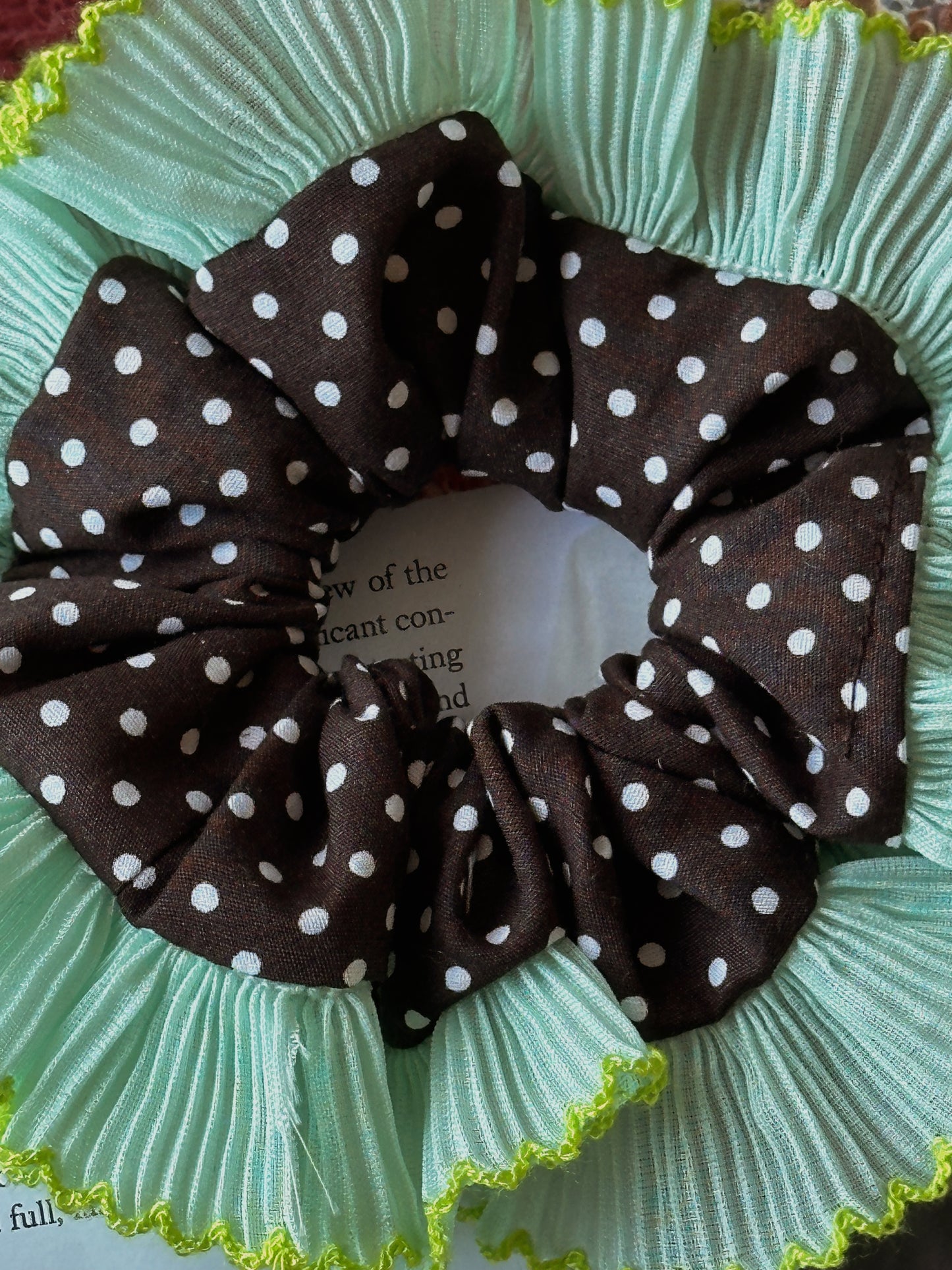 Oversized Dark Brown Polkadot Scrunchie with Green Frill Trim