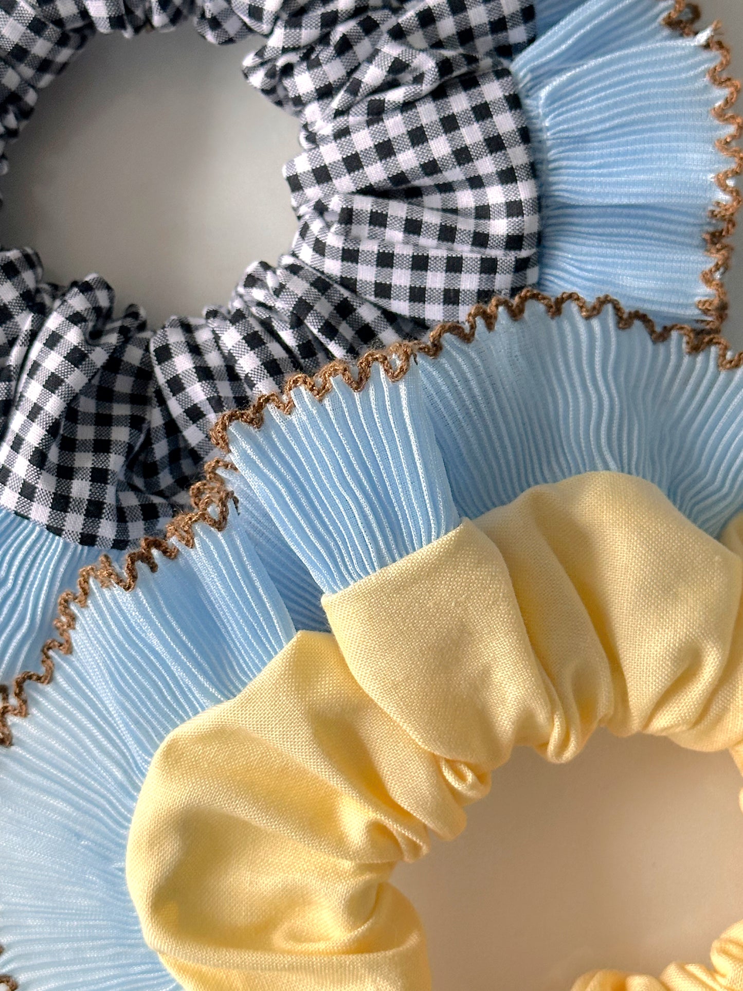 Handmade XL Butter Yellow Scrunchie with Blue and Brown Frill Trim
