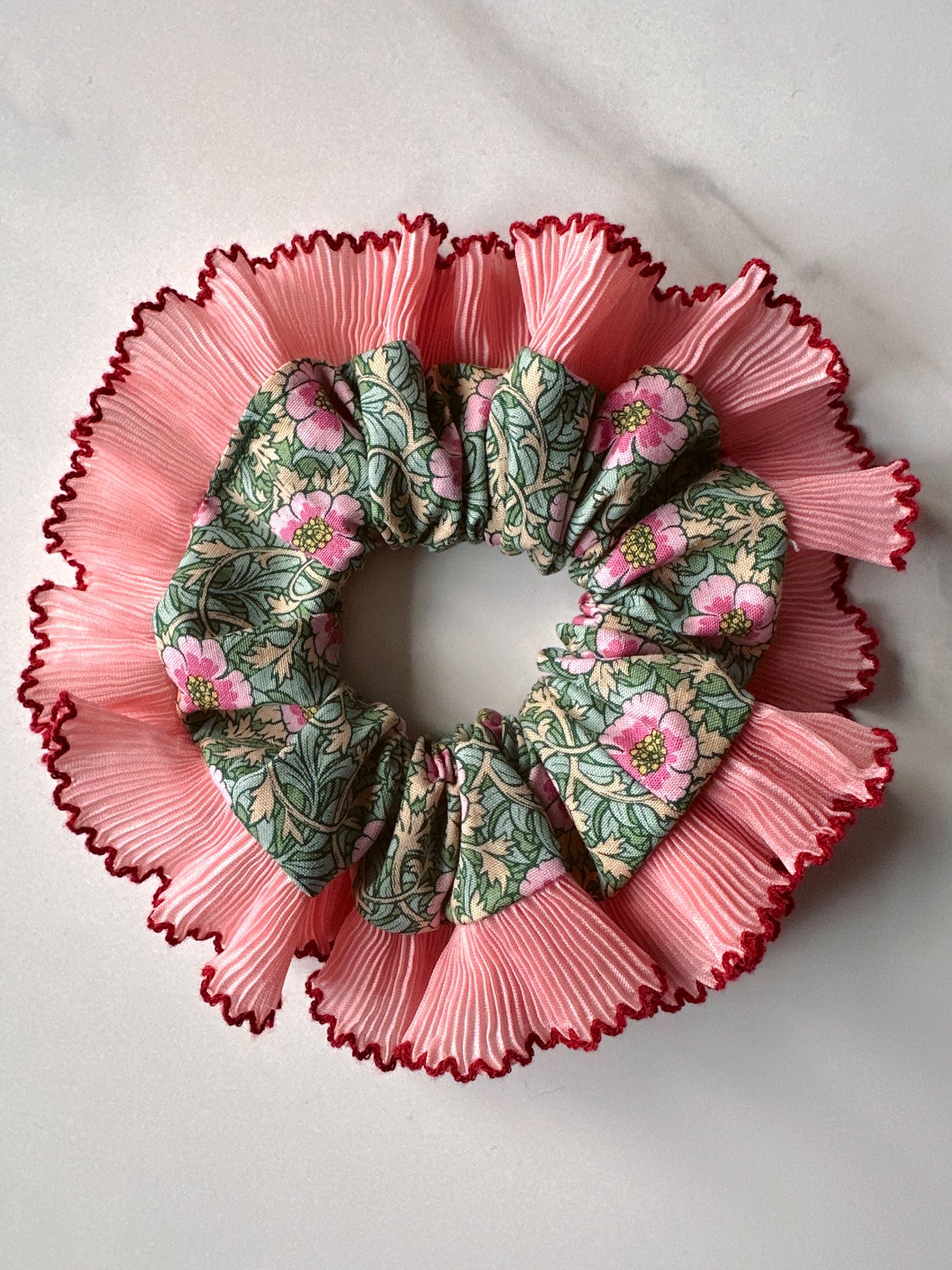 XL Floral Scrunchie with Pink and Red Frill Trim