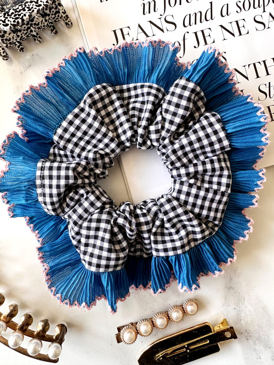 Handmade XL Black Gingham Scrunchie with Blue and Pink Frill Trim