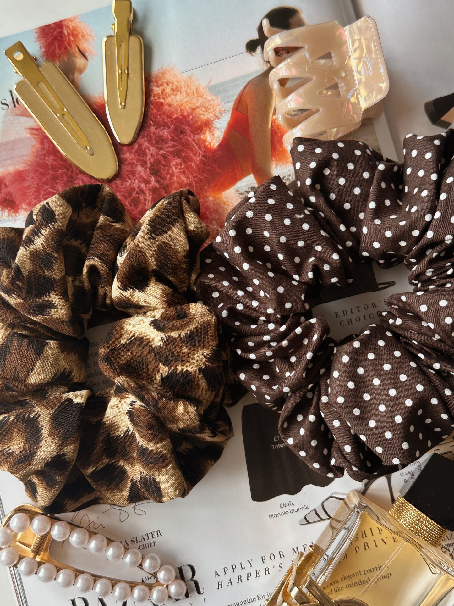 Brown Polkadot & Leopard Print Scrunchie Duo
