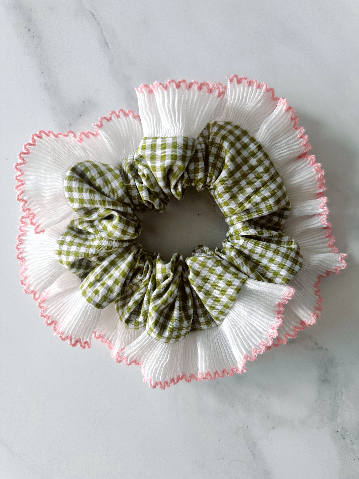 Handmade XL Olive Green Gingham Scrunchie with White and Pink Frill Trim