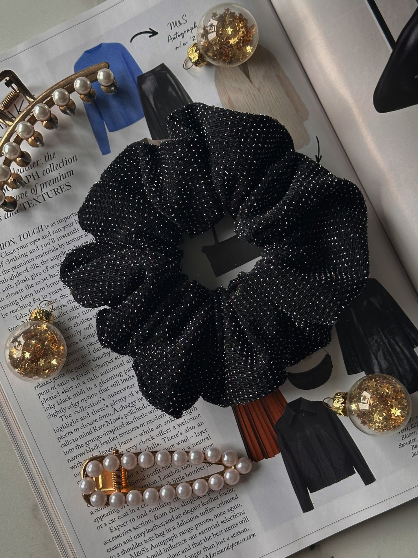 Oversized Black and Silver Scrunchie