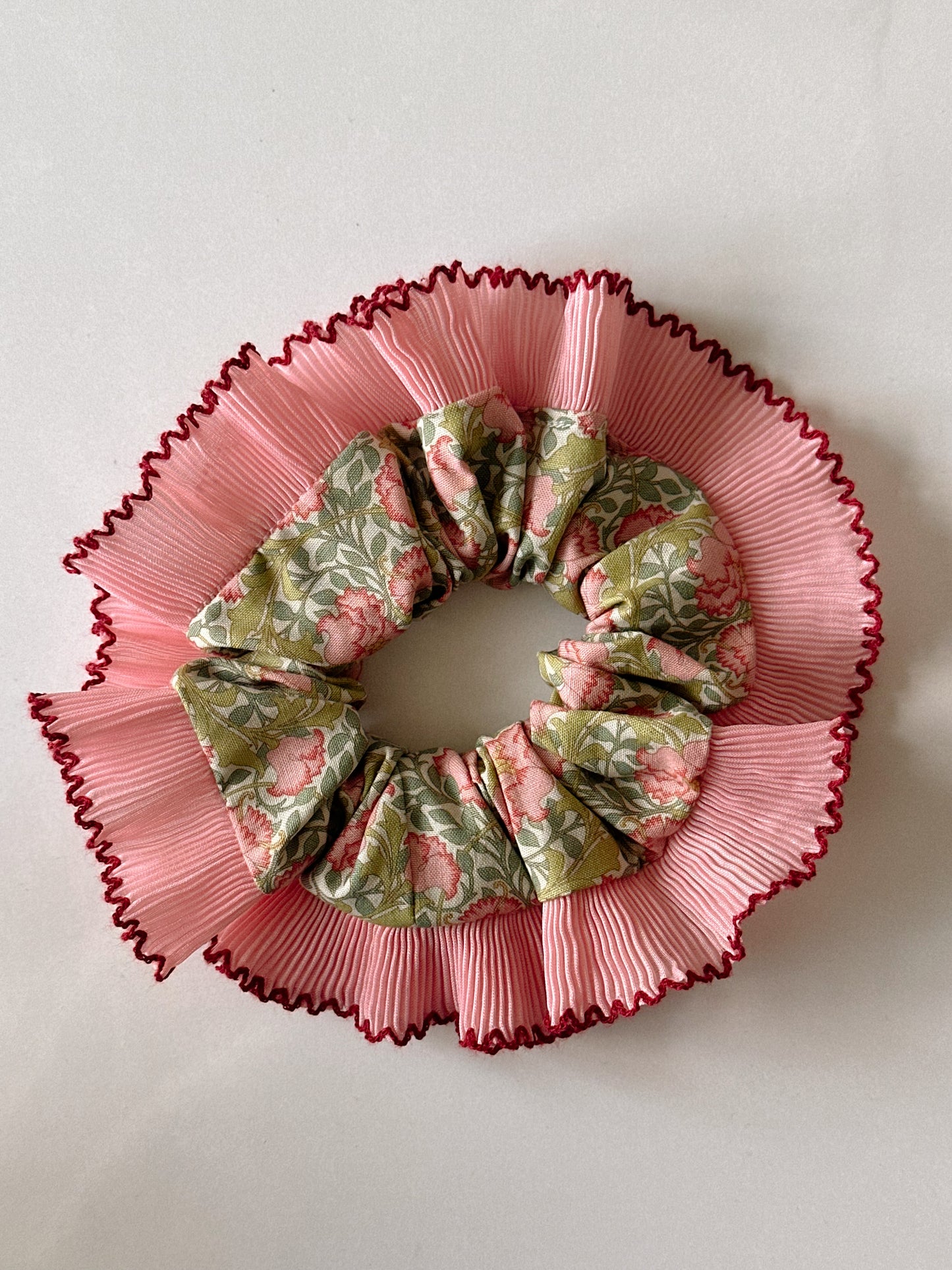 XL Victorian Floral Scrunchie with Pink and Red Frill Trim