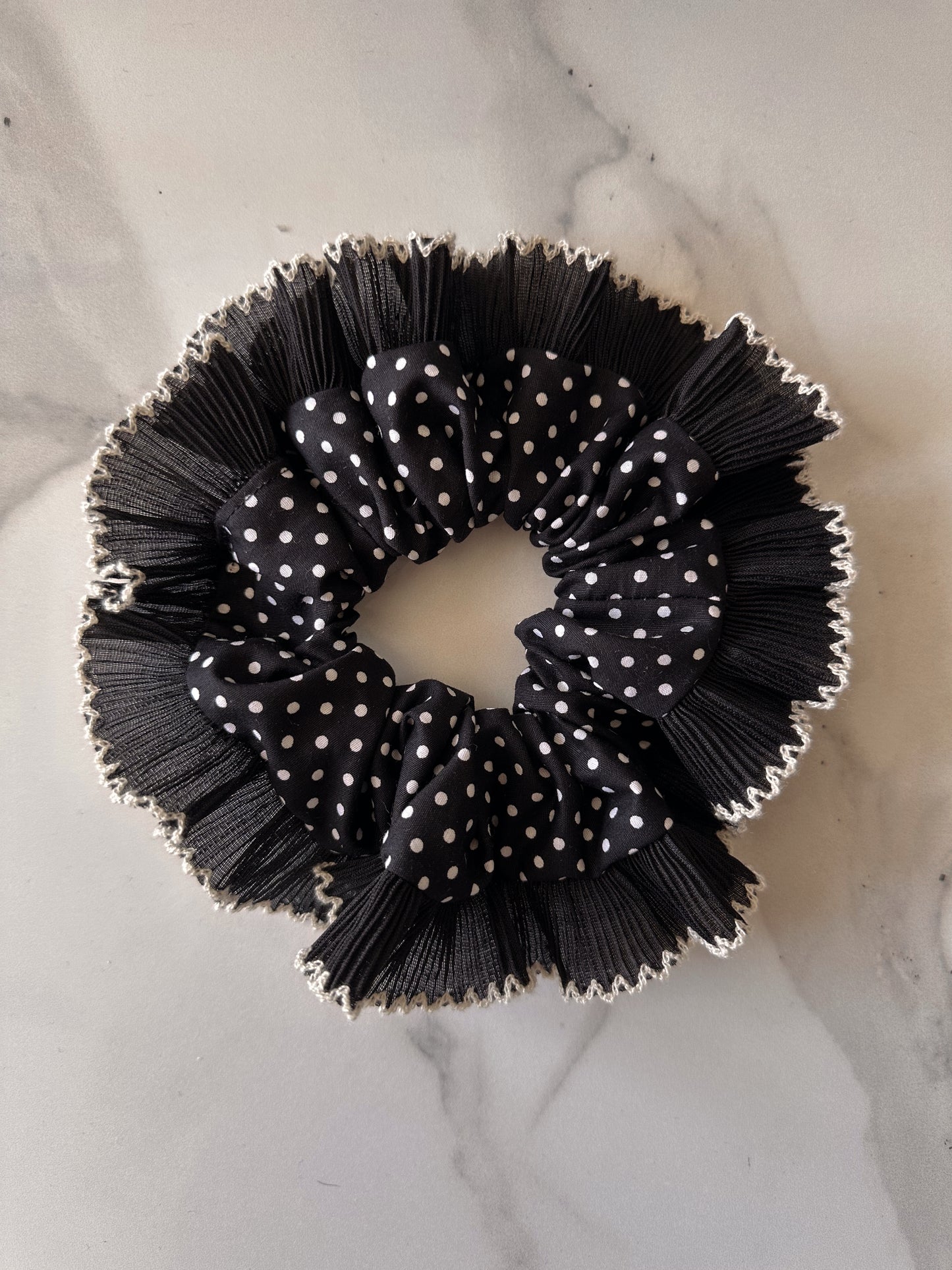Oversized Black Polkadot Scrunchie with Black Frill Trim