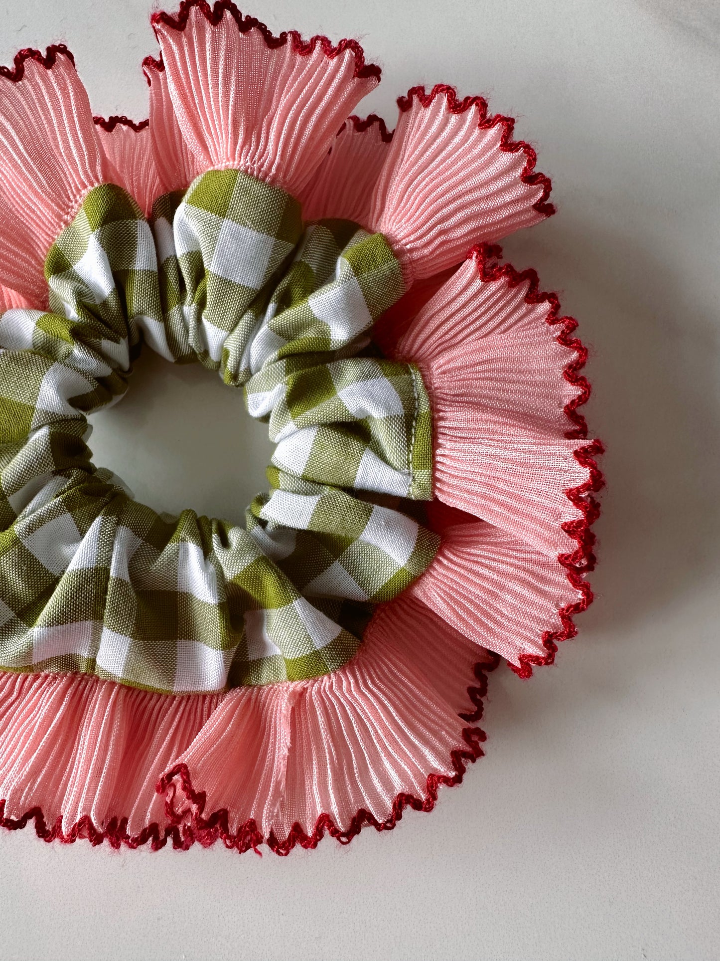 Mini Oversized Olive Green Gingham Scrunchie with Pink Frill Trim