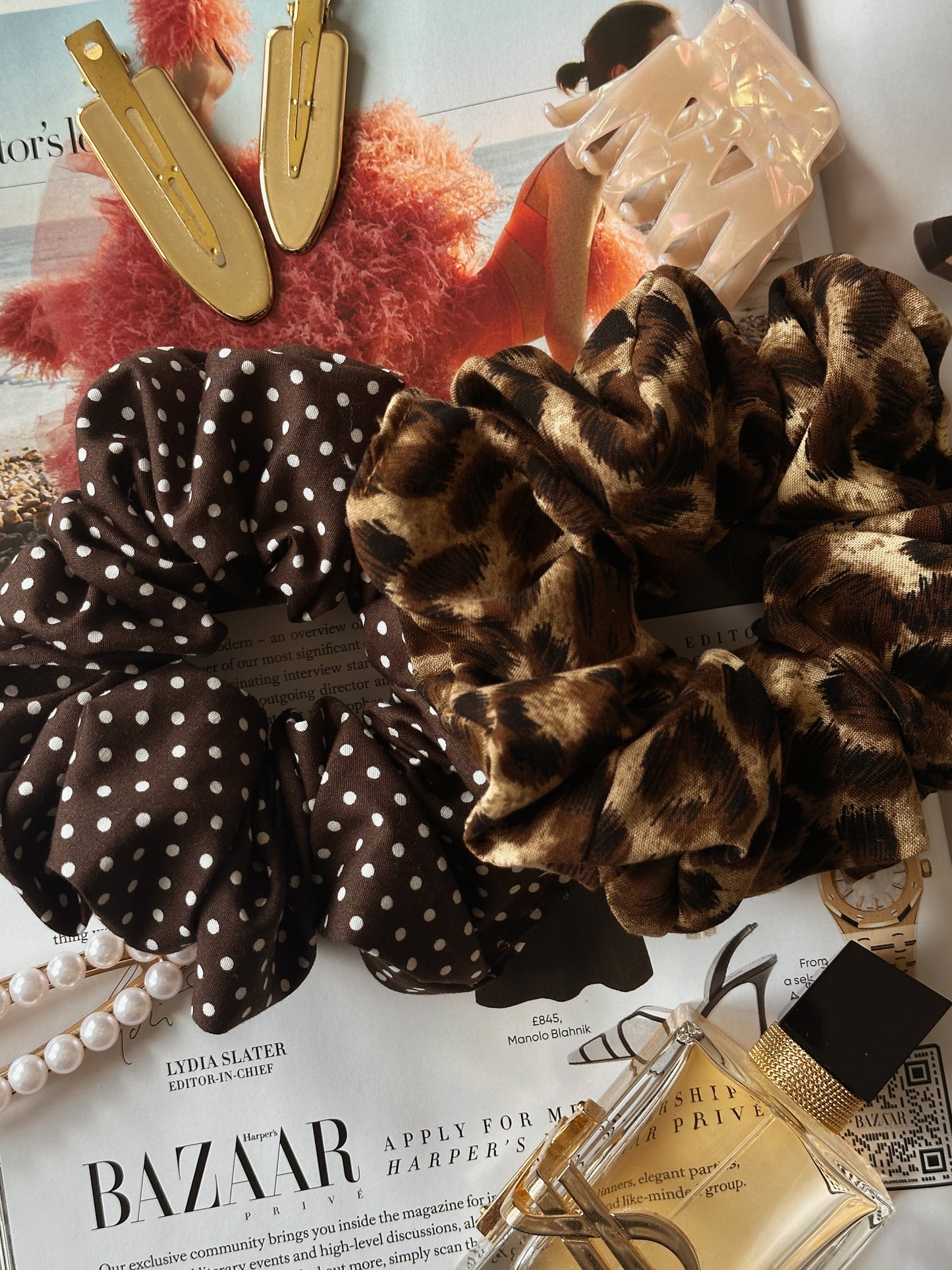 Brown Polkadot & Leopard Print Scrunchie Duo