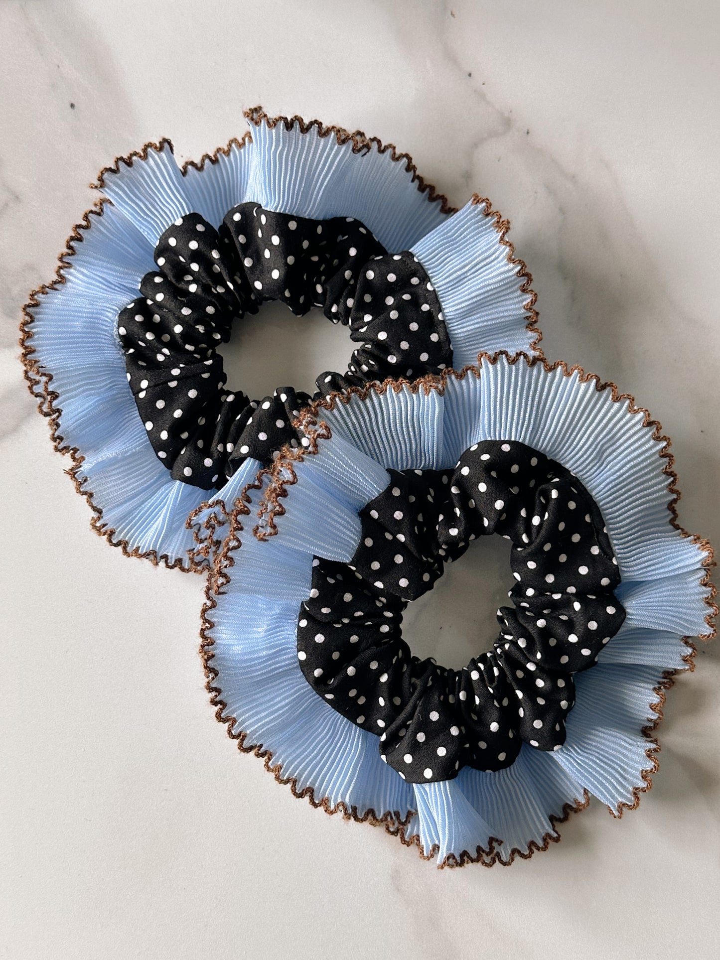 Oversized Black Polkadot Scrunchie with Baby Blue Frill Trim