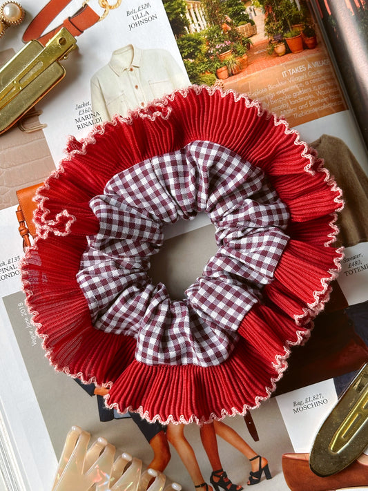 Mini Mulberry Gingham Scrunchie with Red Frill Trim