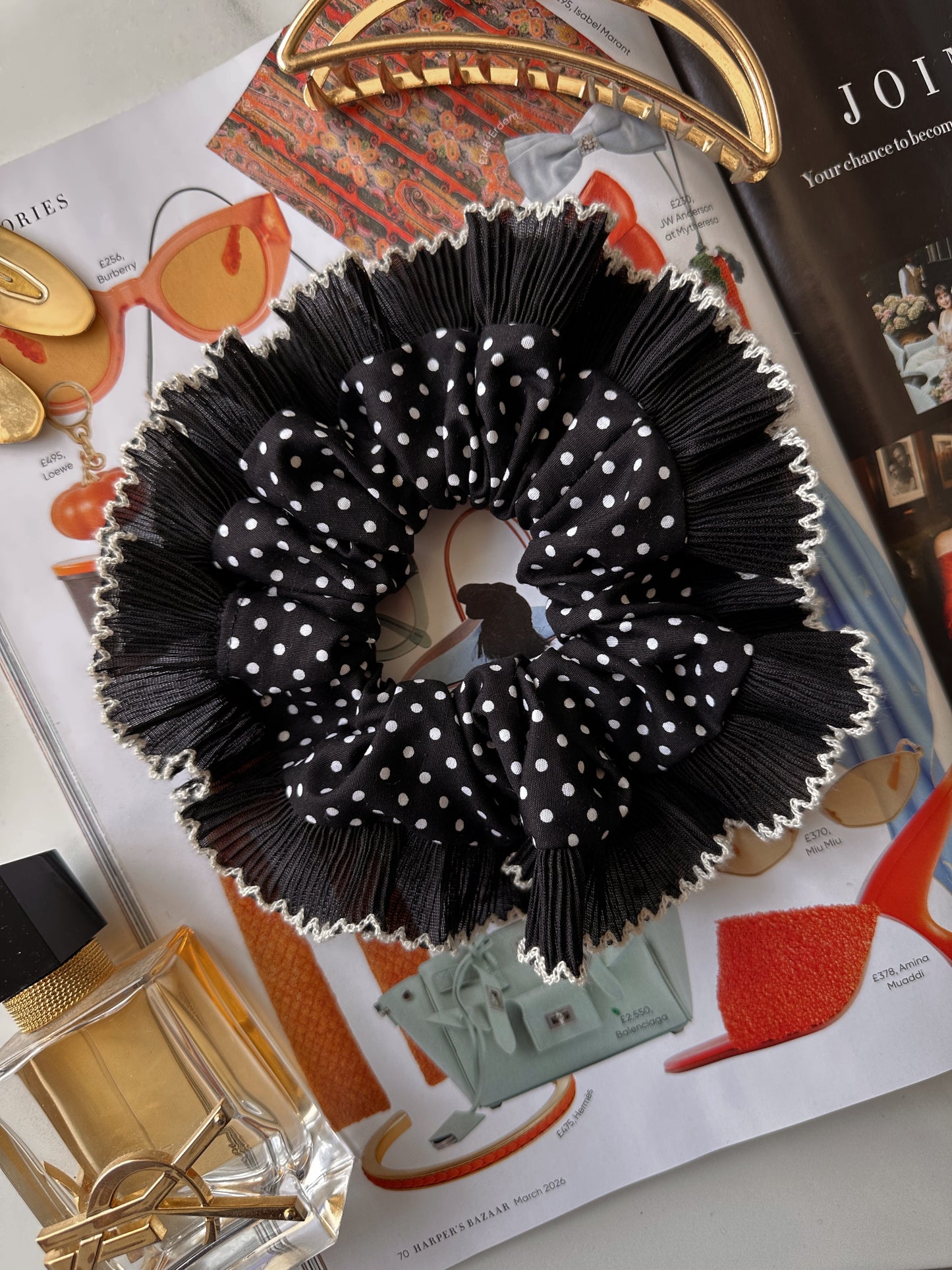 Oversized Black Polkadot Scrunchie with Black Frill Trim