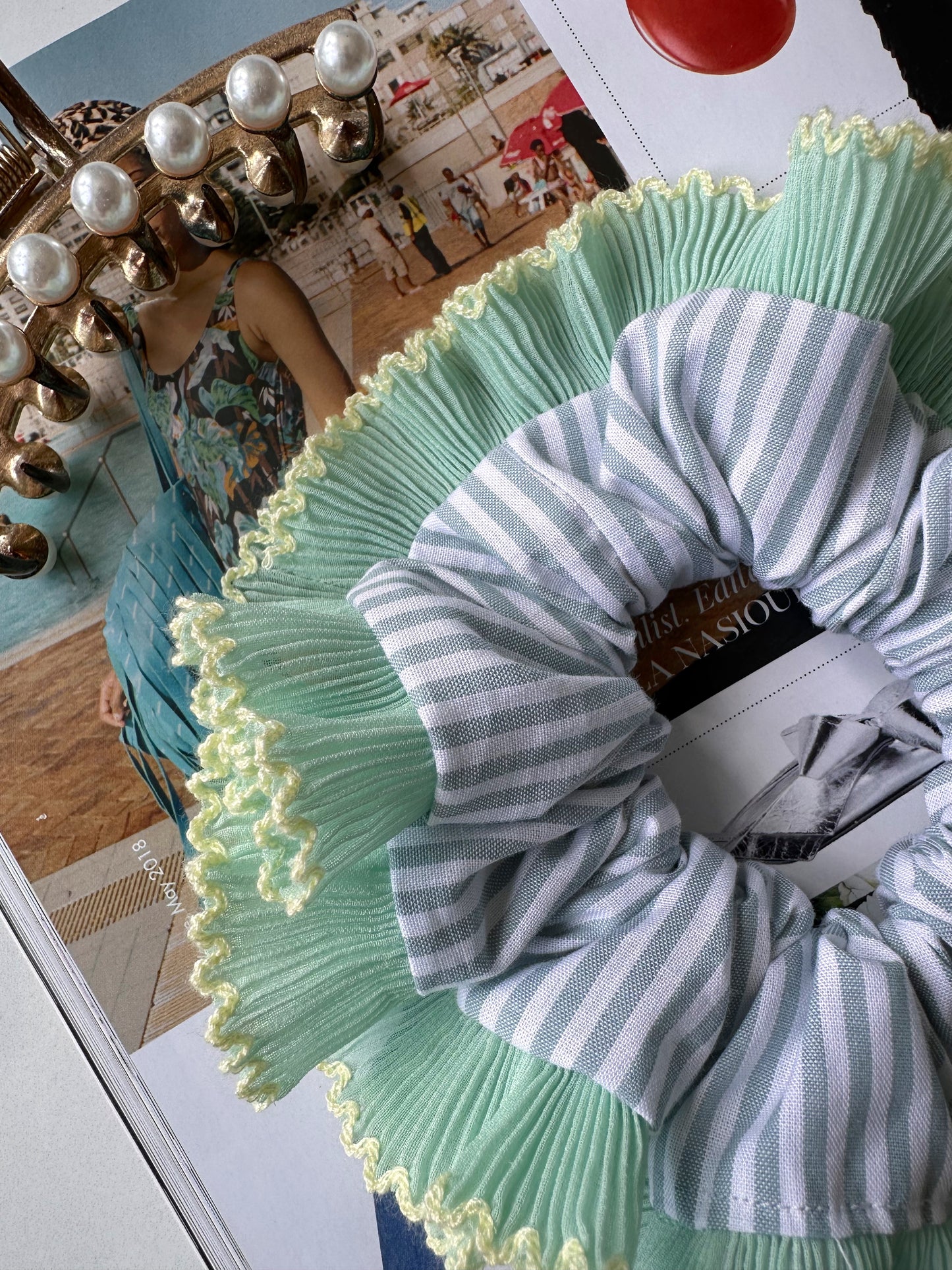 Blue Striped Scrunchie with Green and White Frill Trim