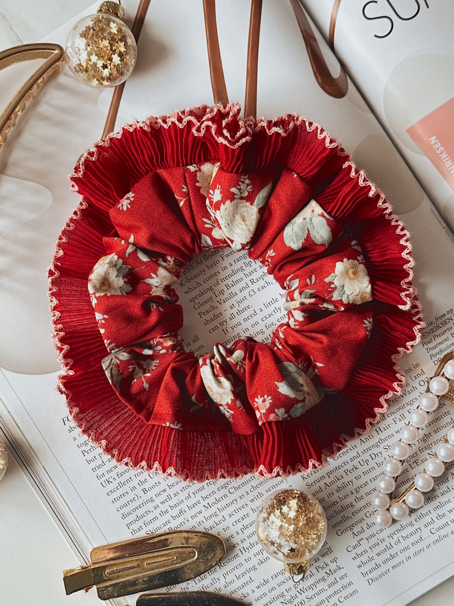 Red Floral Scrunchie with Red and Pink Frill Trim