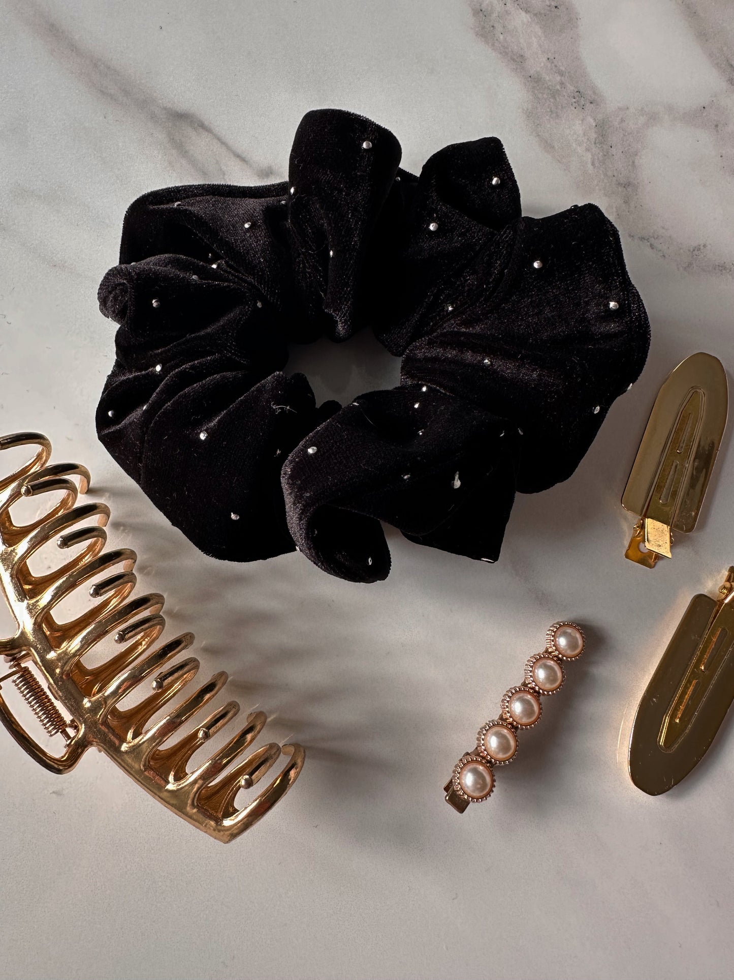 Oversized Black Velvet Scrunchie with Silver Detail