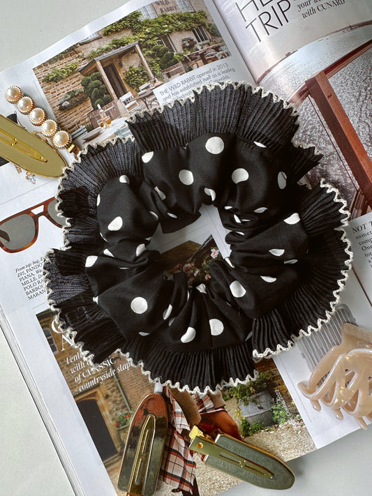 Black Polka Dot Scrunchie – Retro Ruffle Hair Tie with Pleated Trim