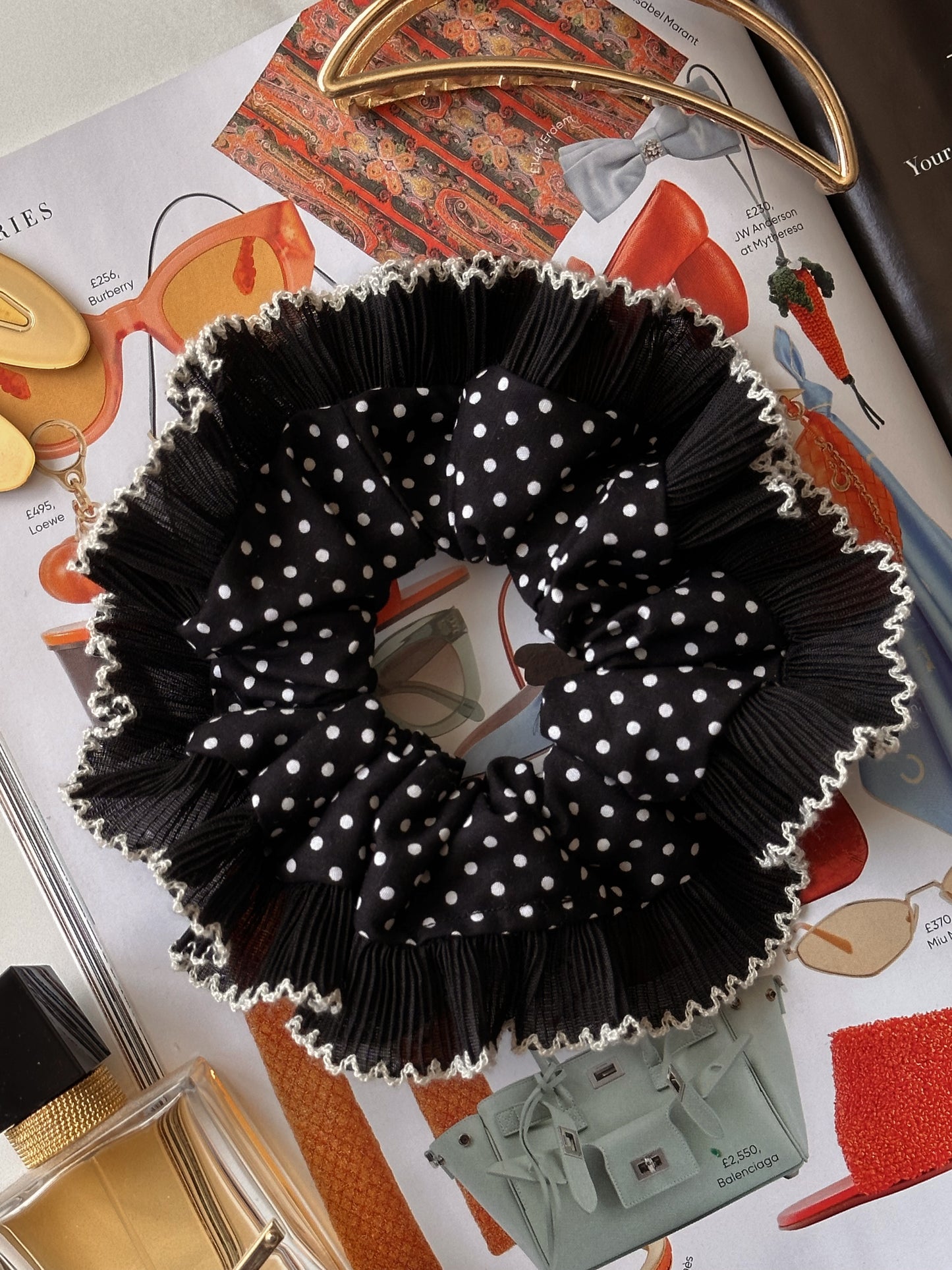 Oversized Black Polkadot Scrunchie with Black Frill Trim